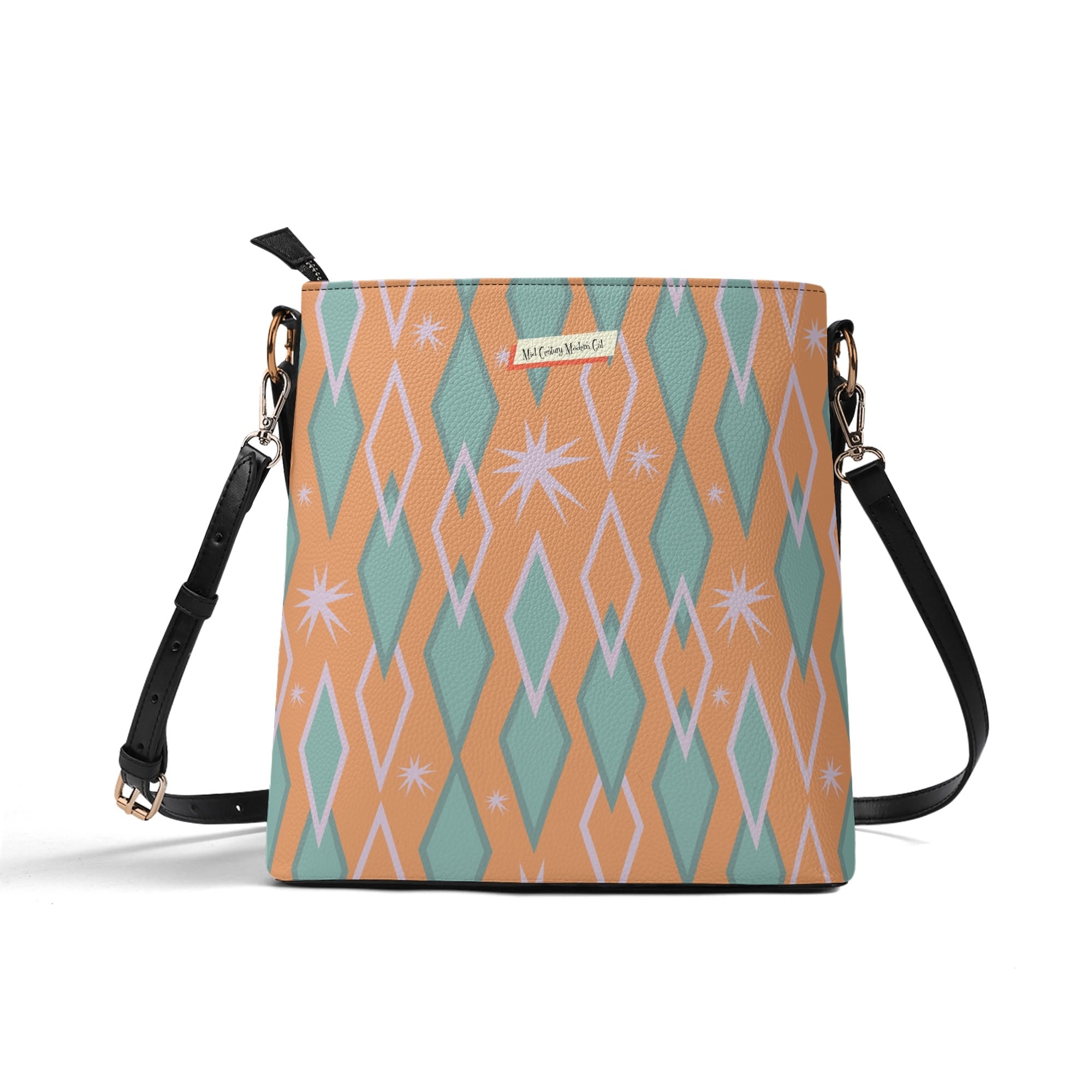 Atomic Cat Retro Typewriter Bucket Shoulder Bag, Funny, I Work Hard So My Cat Can Have A Better Life Fashion Bag, Orange, Teal Reversible Design By MCM Gal, Mid Century Mod Kitschy Trendy Purse - Mid Century Modern Gal