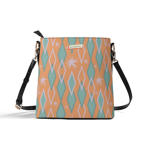 Atomic Cat Retro Typewriter Bucket Shoulder Bag, Funny, I Work Hard So My Cat Can Have A Better Life Fashion Bag, Orange, Teal Reversible Design By MCM Gal, Mid Century Mod Kitschy Trendy Purse