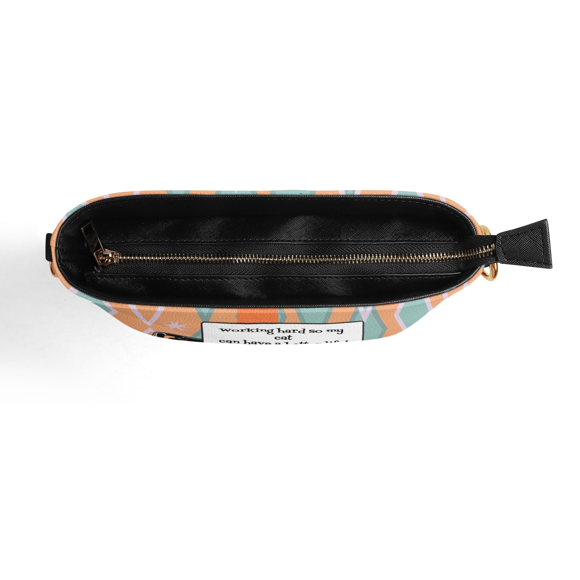 Atomic Cat Retro Typewriter Bucket Shoulder Bag, Funny, I Work Hard So My Cat Can Have A Better Life Fashion Bag, Orange, Teal Reversible Design By MCM Gal, Mid Century Mod Kitschy Trendy Purse - Mid Century Modern Gal