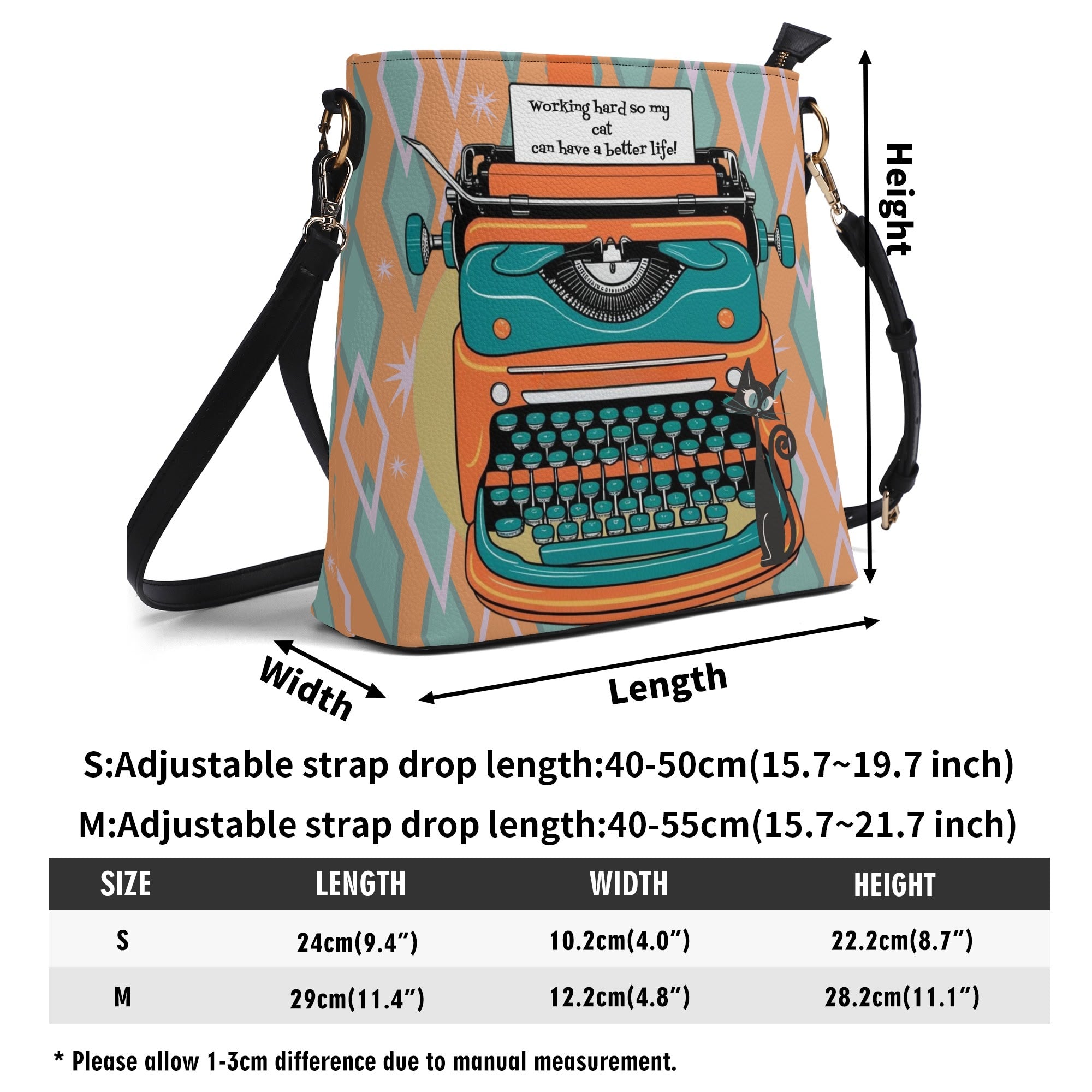 Atomic Cat Retro Typewriter Bucket Shoulder Bag, Funny, I Work Hard So My Cat Can Have A Better Life Fashion Bag, Orange, Teal Reversible Design By MCM Gal, Mid Century Mod Kitschy Trendy Purse - Mid Century Modern Gal