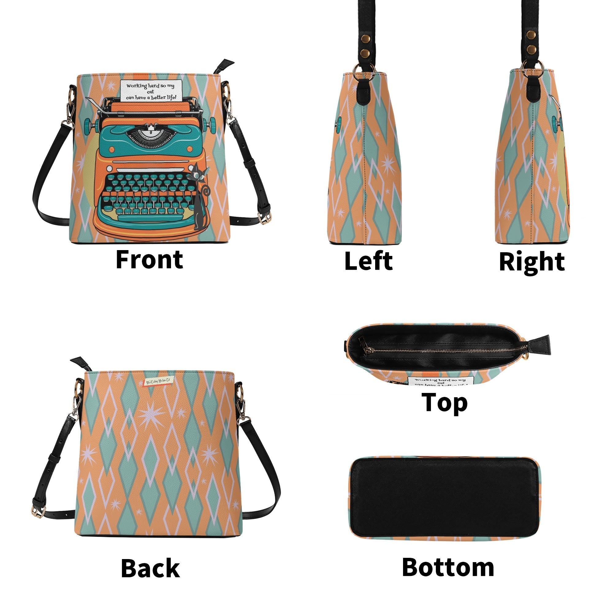 Atomic Cat Retro Typewriter Bucket Shoulder Bag, Funny, I Work Hard So My Cat Can Have A Better Life Fashion Bag, Orange, Teal Reversible Design By MCM Gal, Mid Century Mod Kitschy Trendy Purse - Mid Century Modern Gal