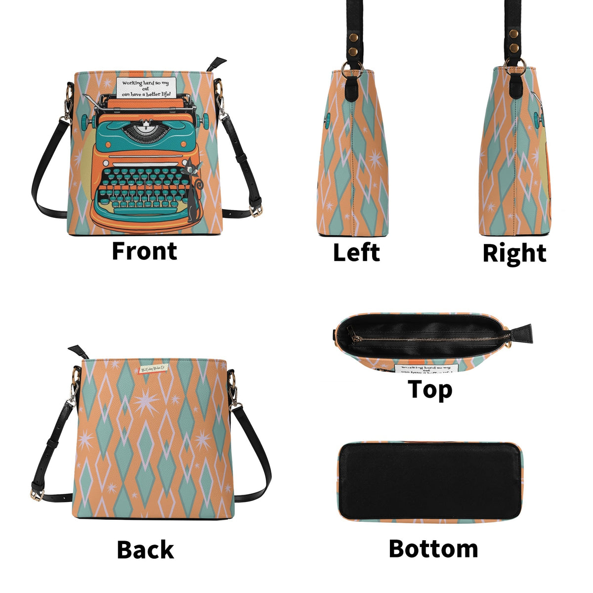 Atomic Cat Retro Typewriter Bucket Shoulder Bag, Funny, I Work Hard So My Cat Can Have A Better Life Fashion Bag, Orange, Teal Reversible Design By MCM Gal, Mid Century Mod Kitschy Trendy Purse - Mid Century Modern Gal
