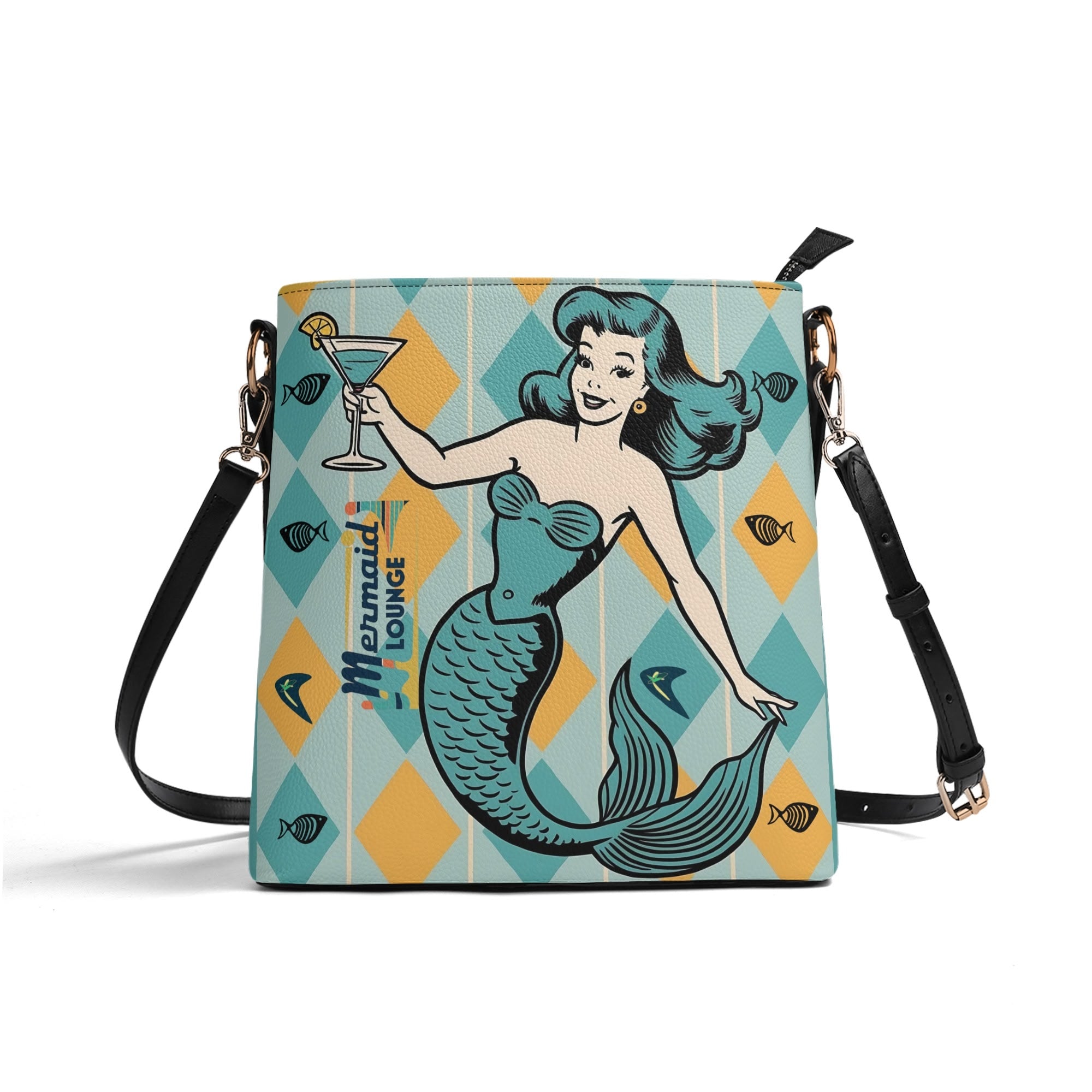 Retro Mermaid Cocktail Lounge Shoulder Bag, Atomic 50s Fashion Bag, Teal Reversible Design By MCM Gal, Mid Century Mod Kitschy Trendy Purse - Mid Century Modern Gal