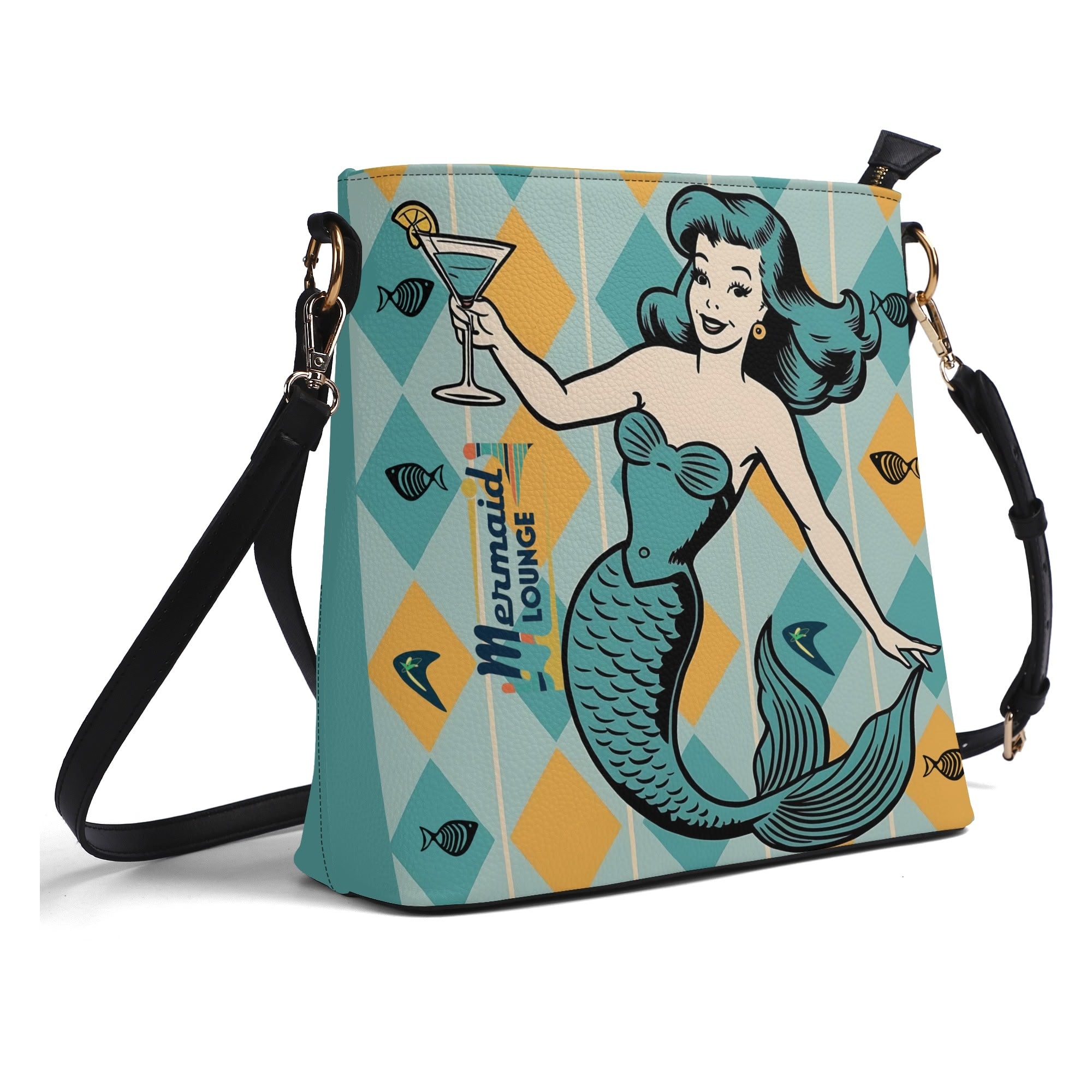 Retro Mermaid Cocktail Lounge Shoulder Bag, Atomic 50s Fashion Bag, Teal Reversible Design By MCM Gal, Mid Century Mod Kitschy Trendy Purse - Mid Century Modern Gal