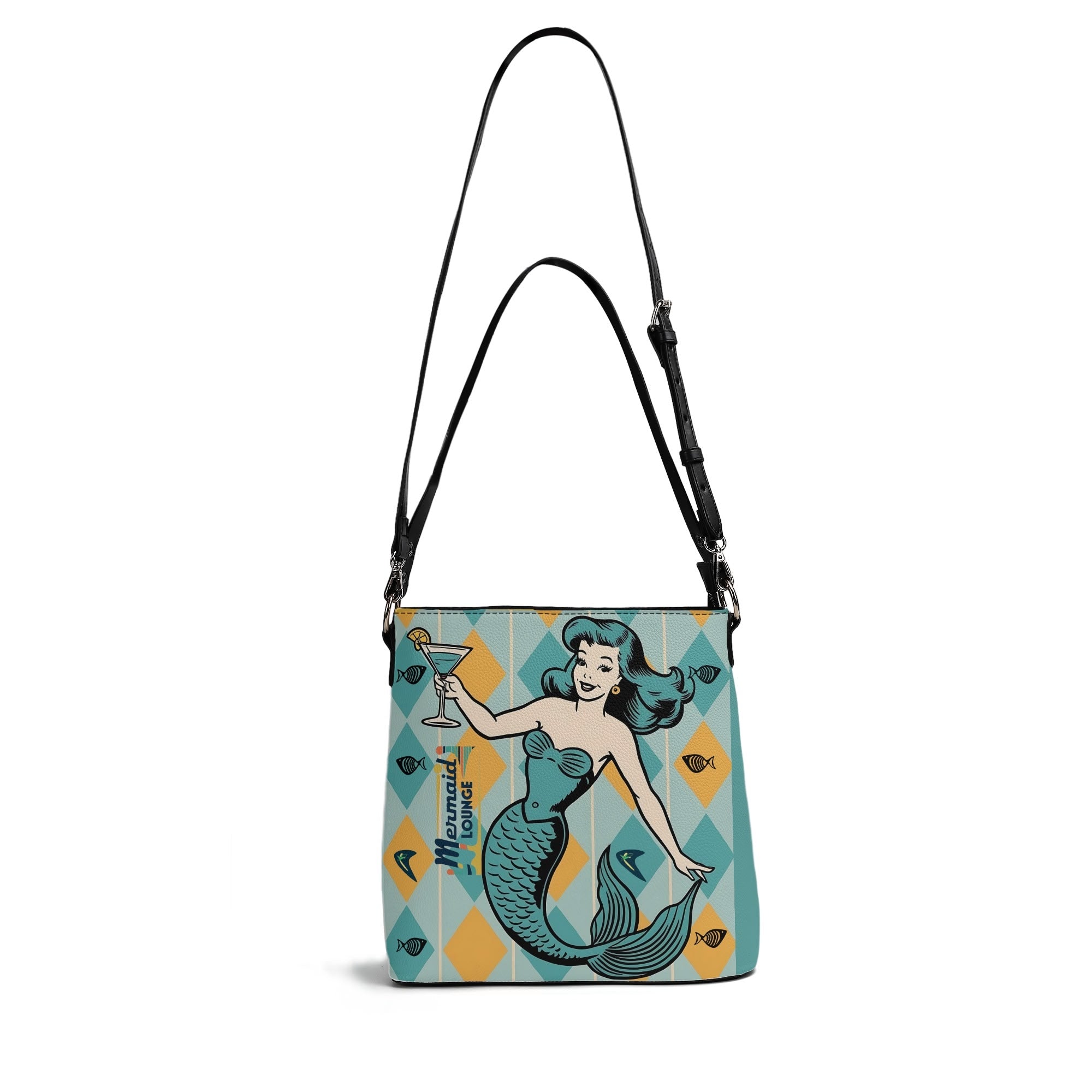 Retro Mermaid Cocktail Lounge Shoulder Bag, Atomic 50s Fashion Bag, Teal Reversible Design By MCM Gal, Mid Century Mod Kitschy Trendy Purse - Mid Century Modern Gal