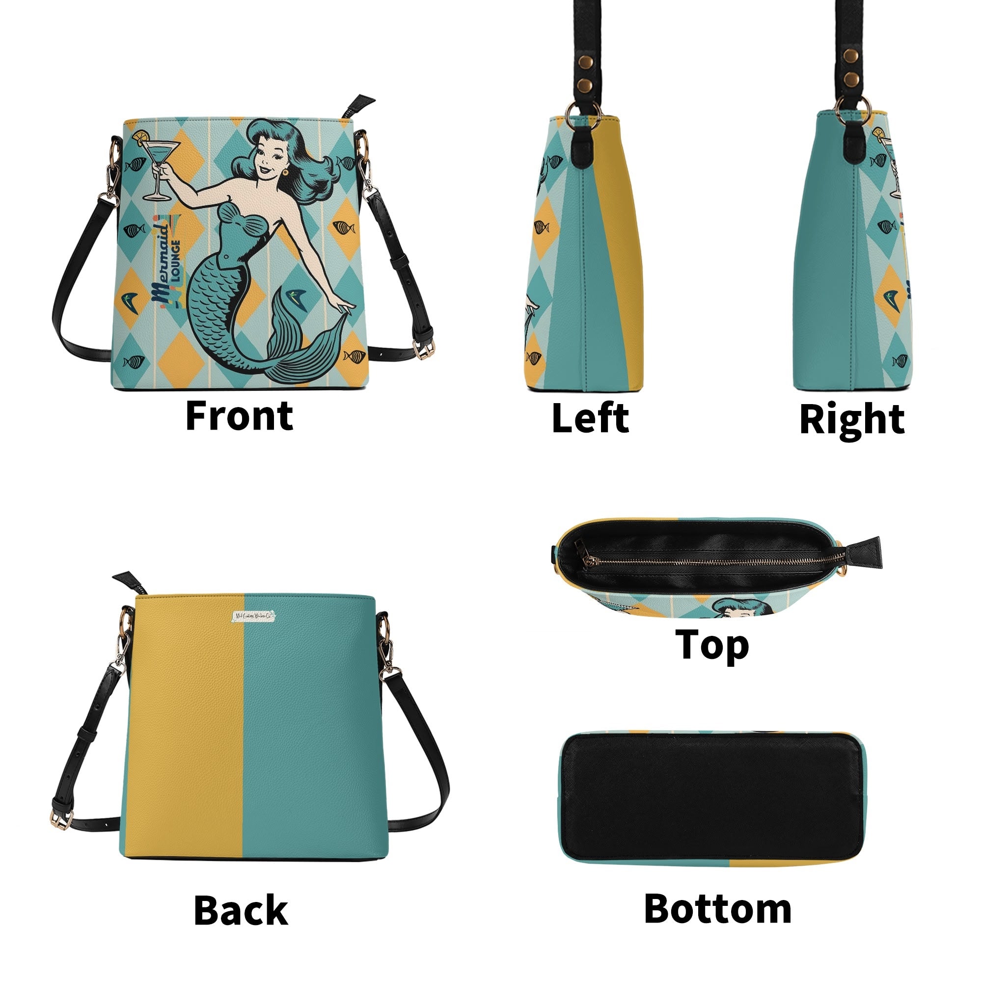 Retro Mermaid Cocktail Lounge Shoulder Bag, Atomic 50s Fashion Bag, Teal Reversible Design By MCM Gal, Mid Century Mod Kitschy Trendy Purse - Mid Century Modern Gal