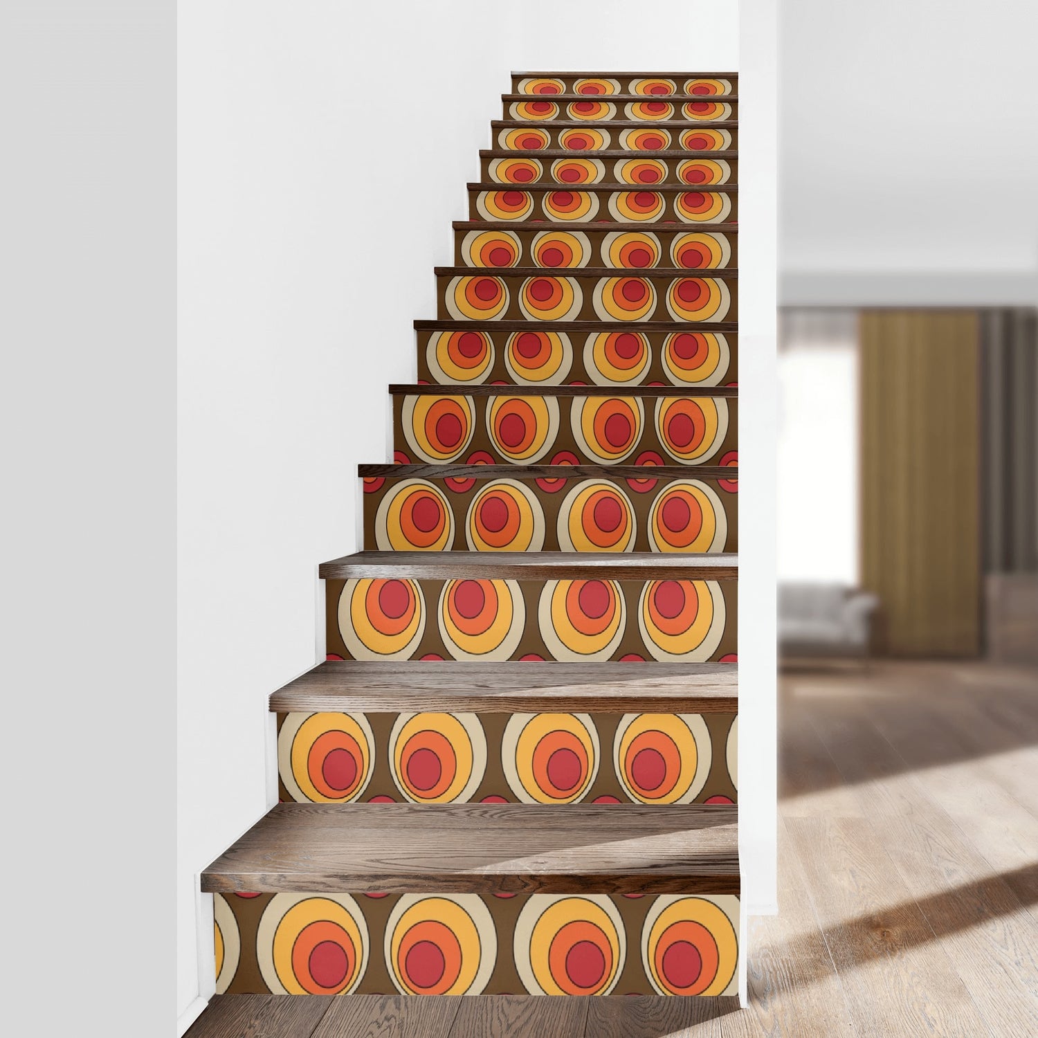 Mid Century Modern Space Orbs, Brown Orange Yellow Groovy Mod Stair Riser Peel And Stick - Mid Century Modern Gal