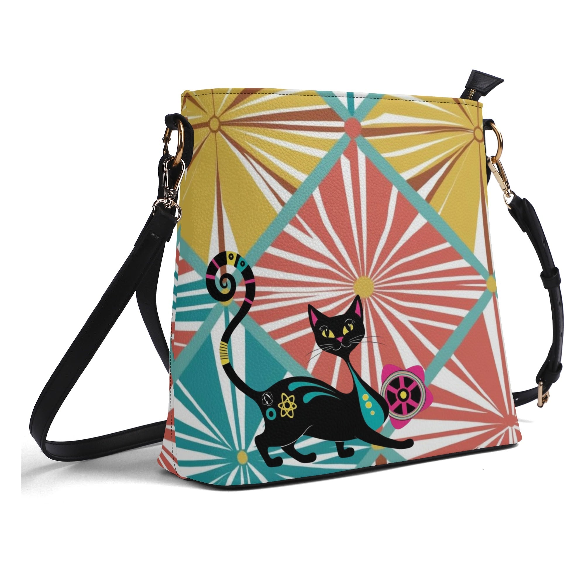 Atomic Cat Bucket Shoulder Bag, Atomic 50s Fashion Bag, Mid Mod Design By MCM Gal, Mid Century Mod Kitschy Trendy Purse - Mid Century Modern Gal