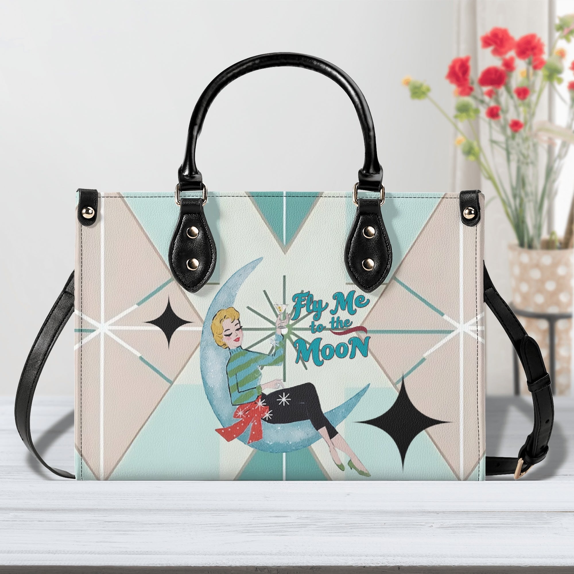 Fly Me To The Moon, Kitschy Mod Martini Gal, Mid Century Modern Gal Signature Handbag, Shoulder Bag - Mid Century Modern Gal