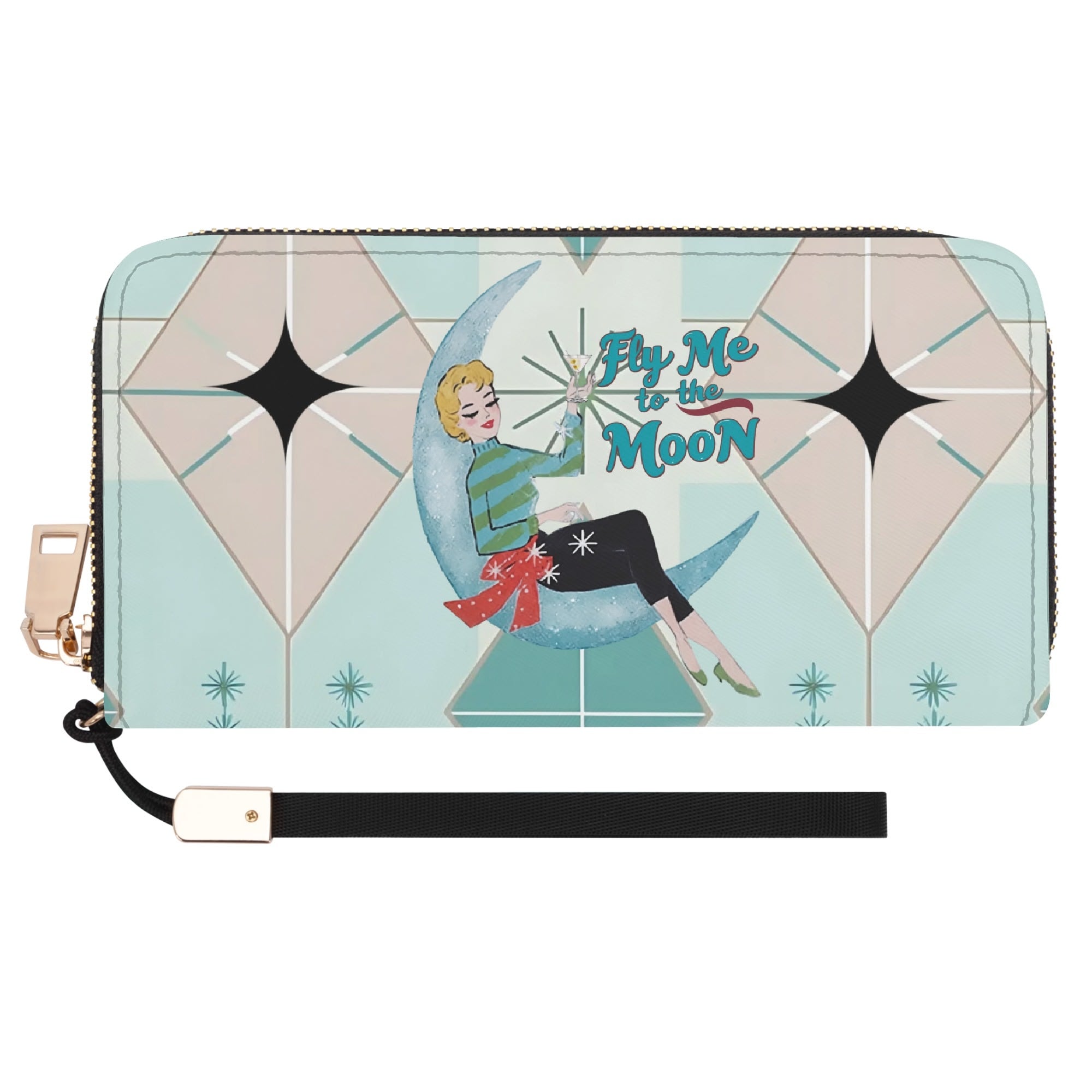Mid Mod Gal, Kitschy Quirk Retro Wristlet Fly Me To The Moon MCM Atomic Everyday Carry Wallet - Mid Century Modern Gal