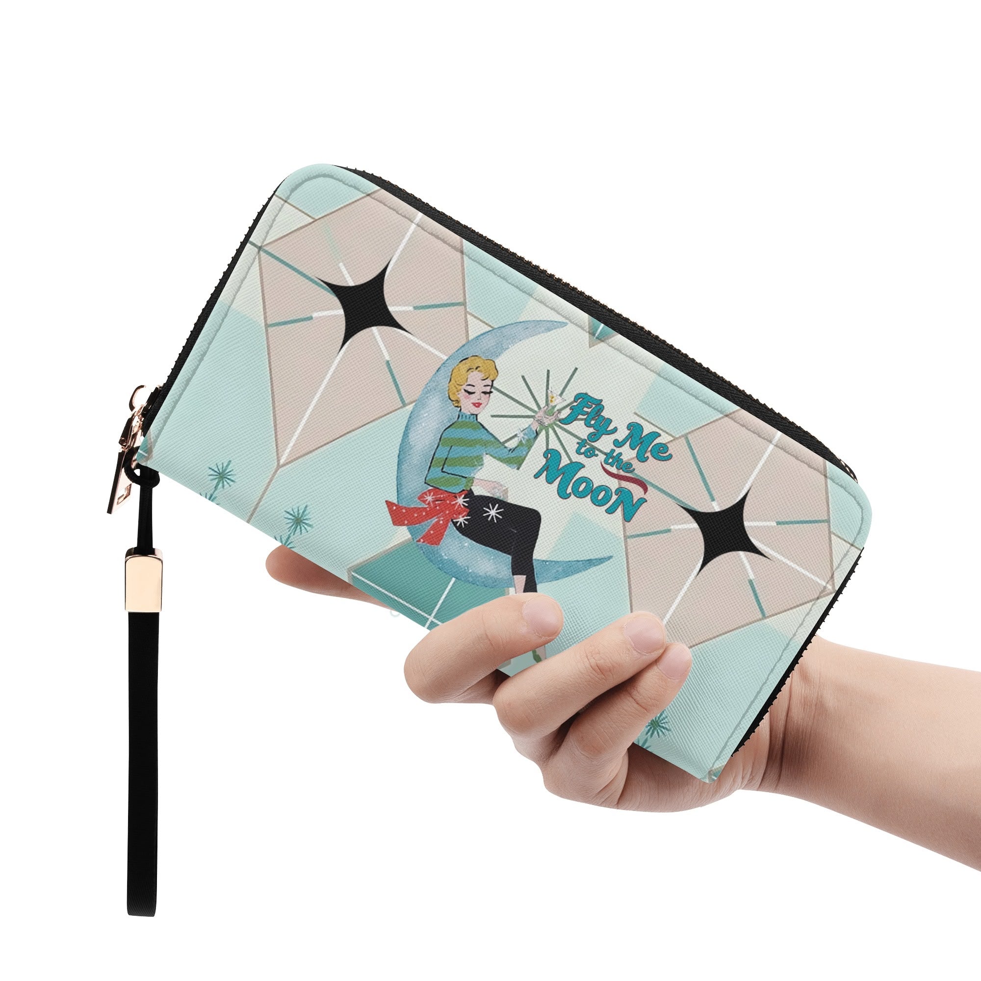 Mid Mod Gal, Kitschy Quirk Retro Wristlet Fly Me To The Moon MCM Atomic Everyday Carry Wallet - Mid Century Modern Gal