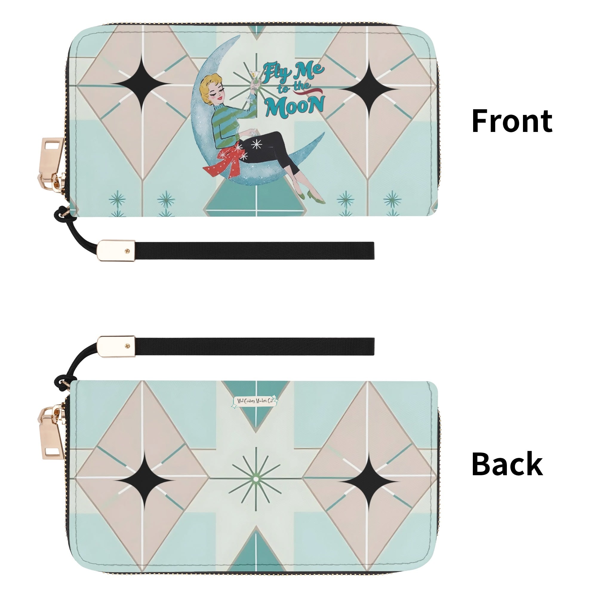 Mid Mod Gal, Kitschy Quirk Retro Wristlet Fly Me To The Moon MCM Atomic Everyday Carry Wallet - Mid Century Modern Gal