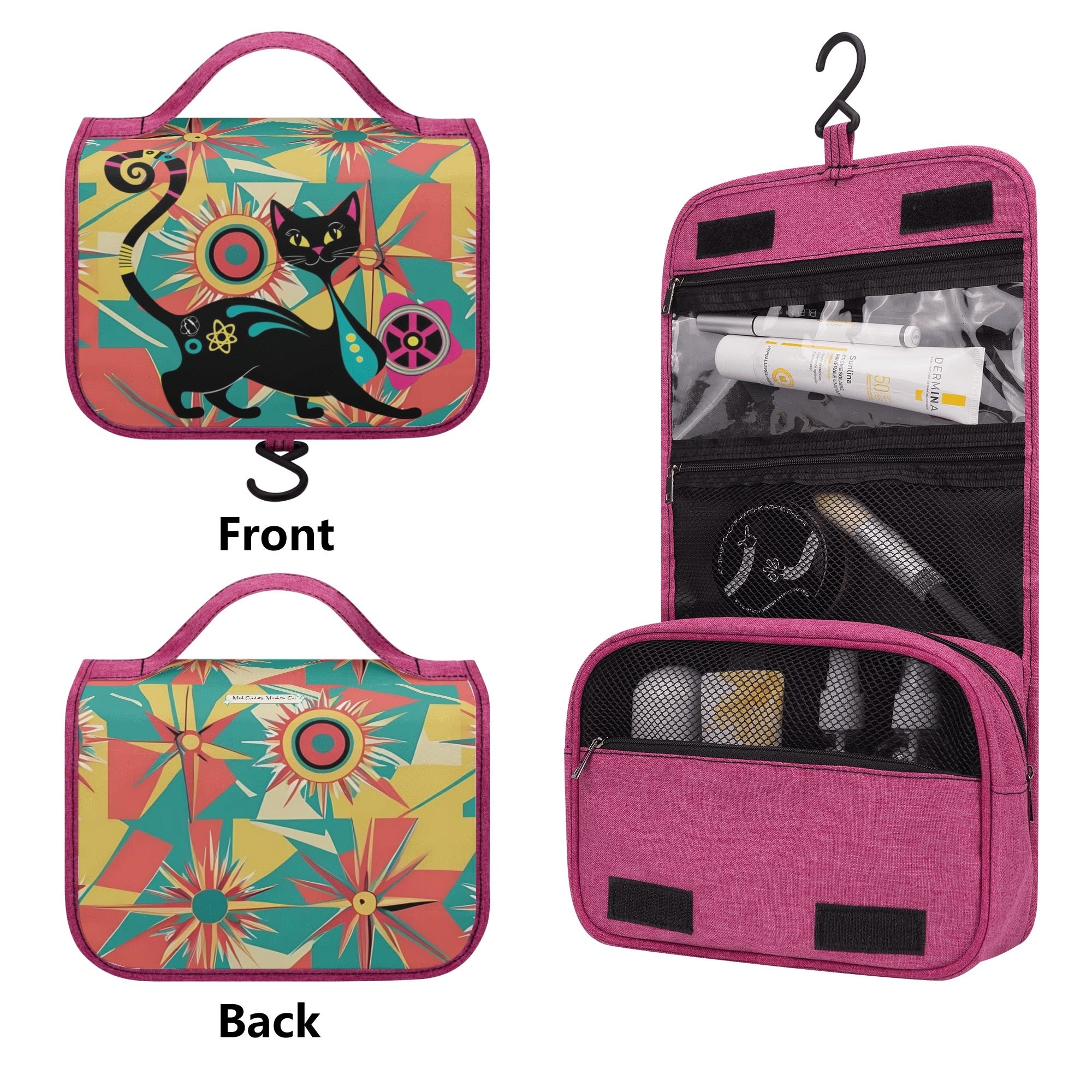 Atomic Kitschy Retro Cat, Mid Mod Starburst Toiletry Cosmetic Travel Bag - Mid Century Modern Gal
