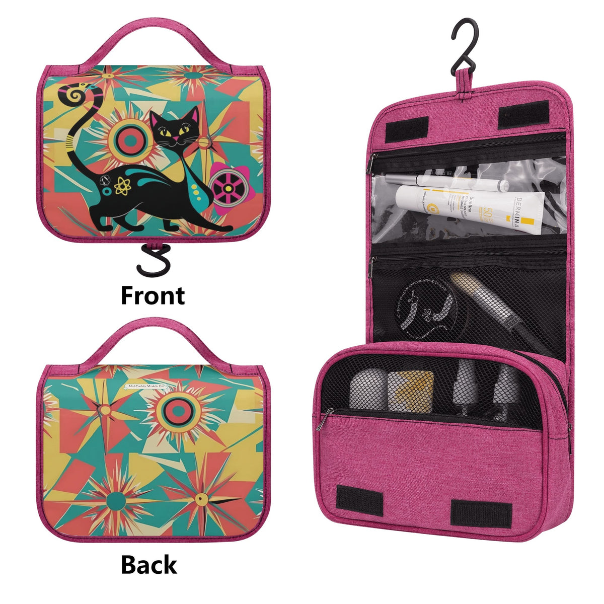 Atomic Kitschy Retro Cat, Mid Mod Starburst Toiletry Cosmetic Travel Bag - Mid Century Modern Gal