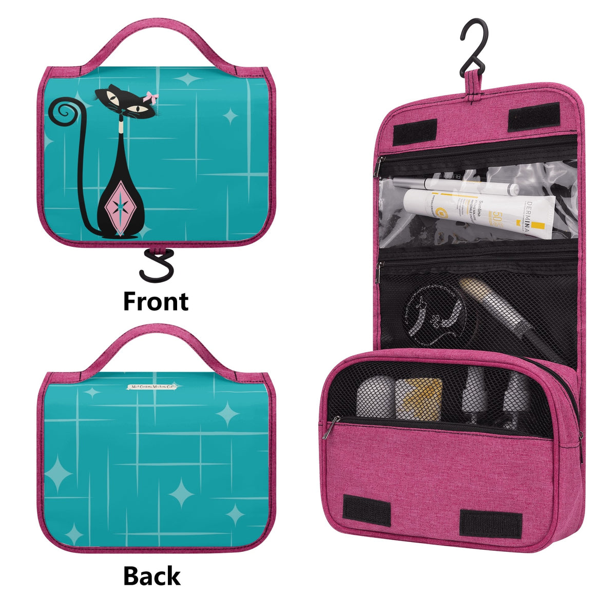 Atomic Cat, Pink, Teal Mid Century Modern Retro Kitschy Fun Toiletry Cosmetic Travel Bag - Mid Century Modern Gal