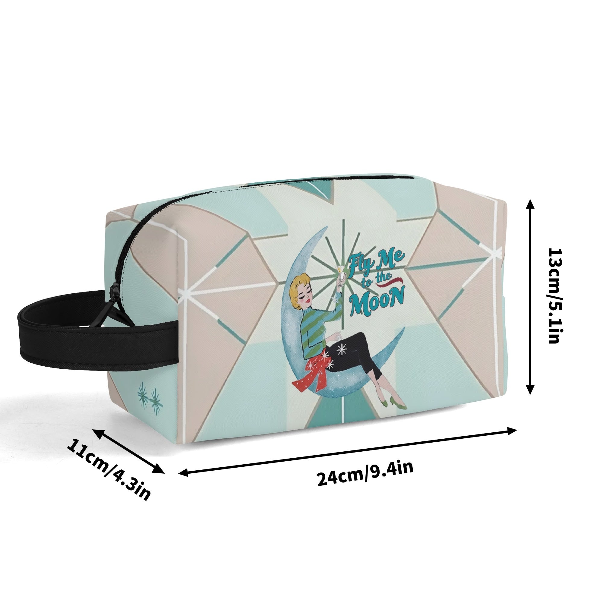 Kitschy Mod Gal Travel Toiletry Bag, Fly Me To The Moon Atomic Starbursts Cosmetic Organizer - Mid Century Modern Gal