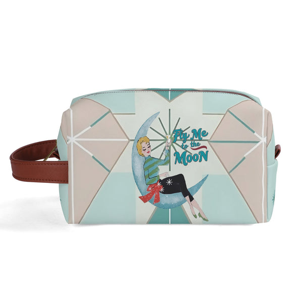 Kitschy Mod Gal Travel Toiletry Bag, Fly Me To The Moon Atomic Starbursts Cosmetic Organizer