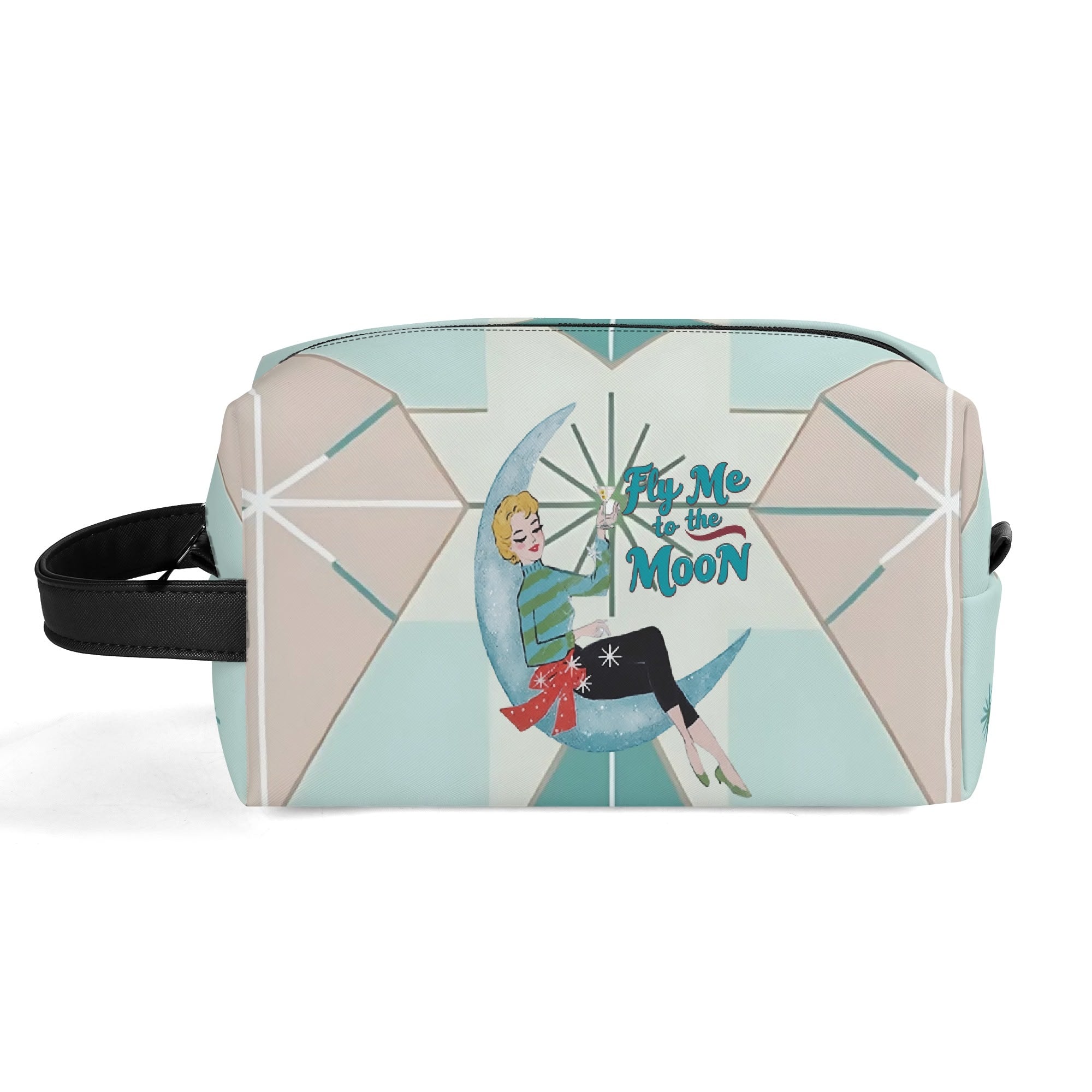 Kitschy Mod Gal Travel Toiletry Bag, Fly Me To The Moon Atomic Starbursts Cosmetic Organizer - Mid Century Modern Gal