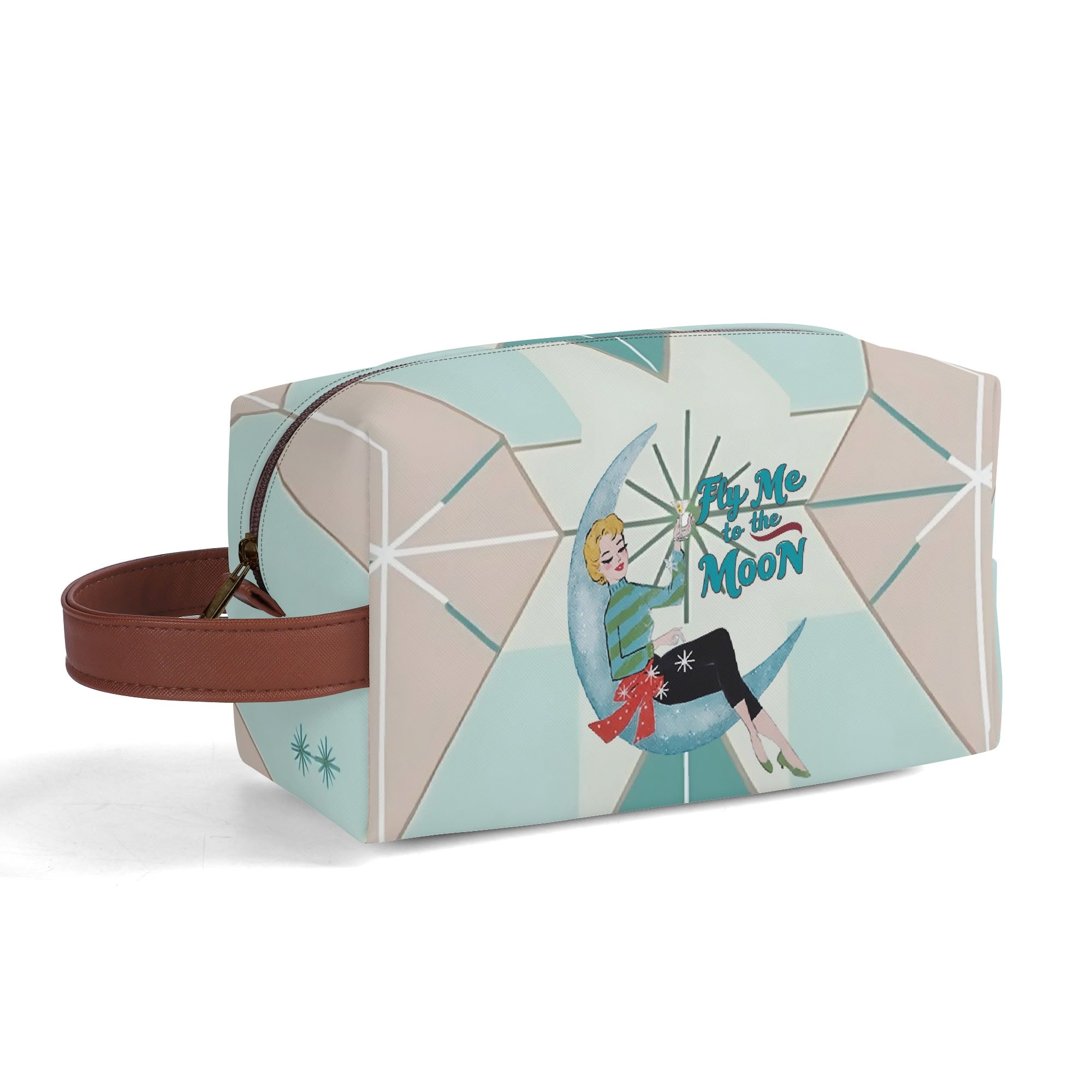 Kitschy Mod Gal Travel Toiletry Bag, Fly Me To The Moon Atomic Starbursts Cosmetic Organizer - Mid Century Modern Gal