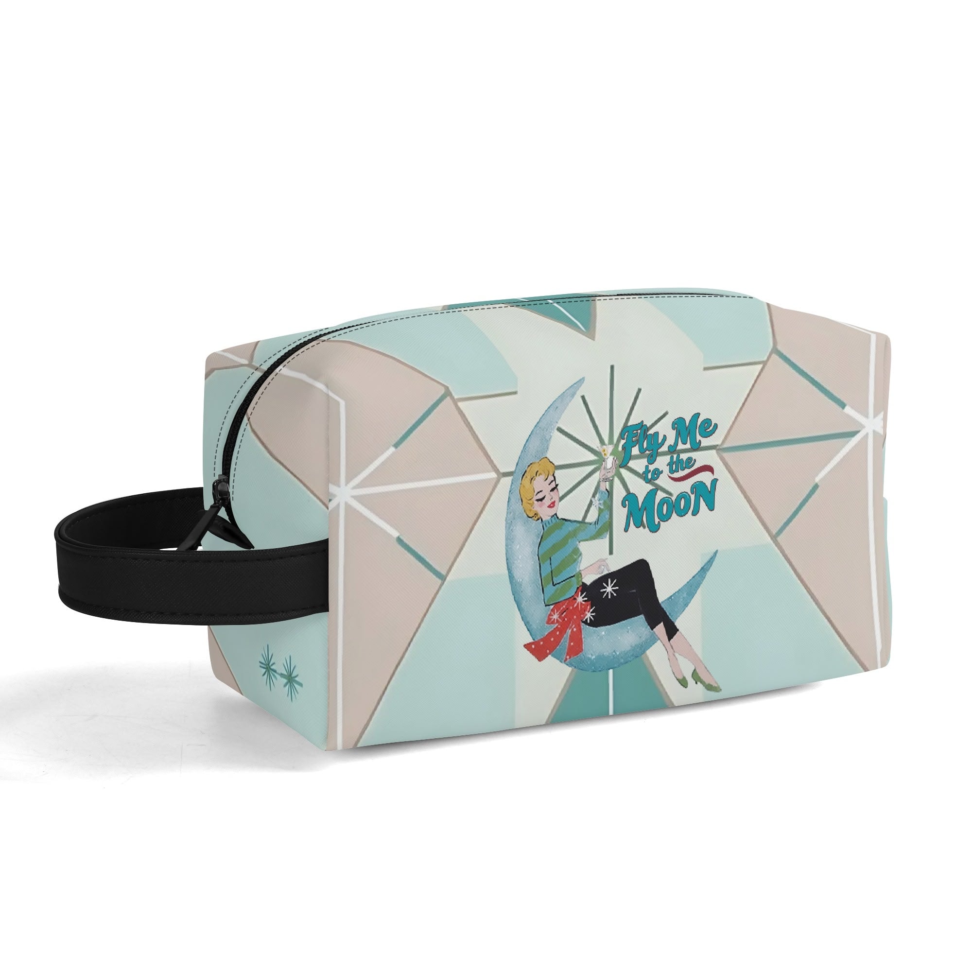 Kitschy Mod Gal Travel Toiletry Bag, Fly Me To The Moon Atomic Starbursts Cosmetic Organizer - Mid Century Modern Gal