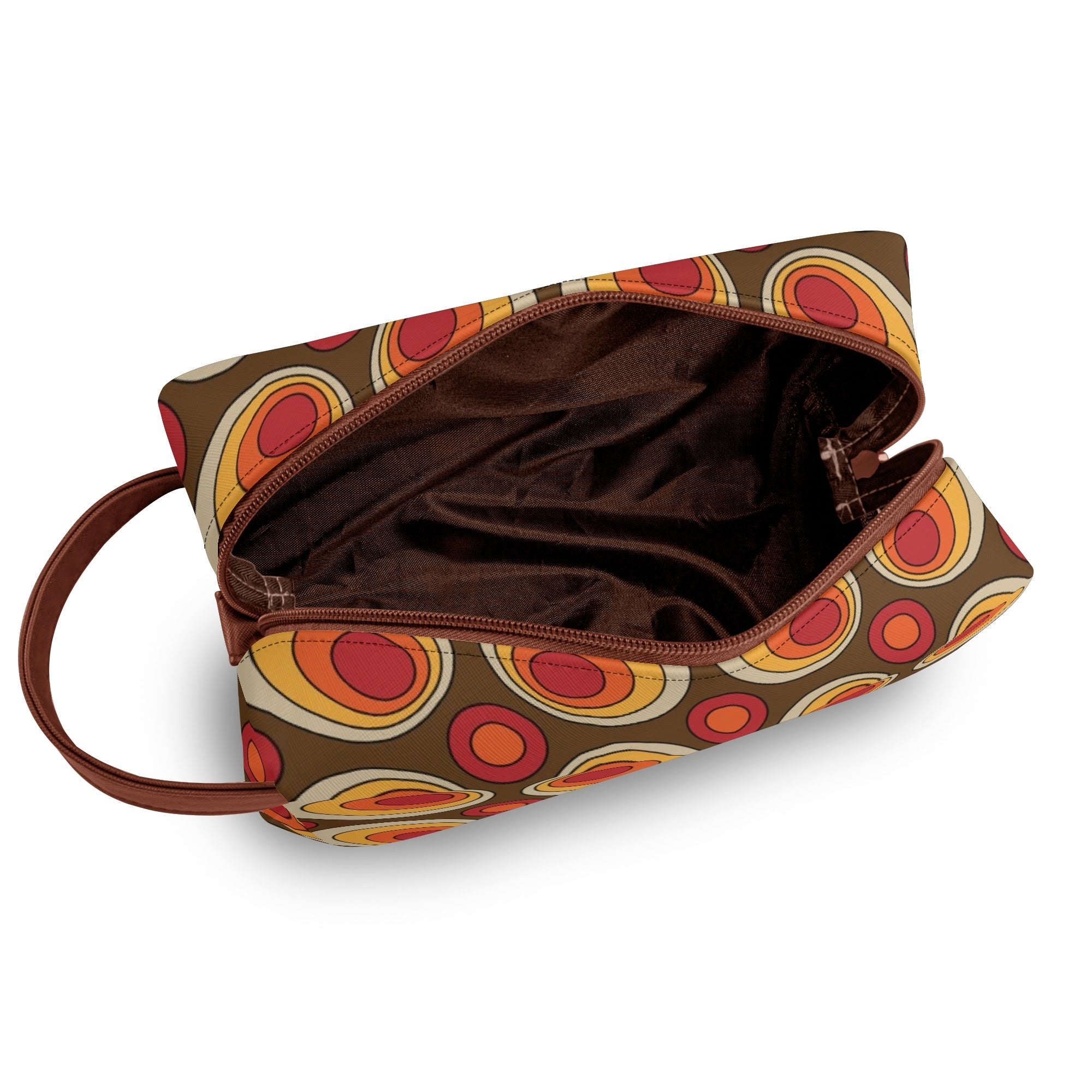 Retro Groovy Brown Orange Space Orbs, Mid Mod Travel Bag Makeup Cosmetics Organizer - Mid Century Modern Gal