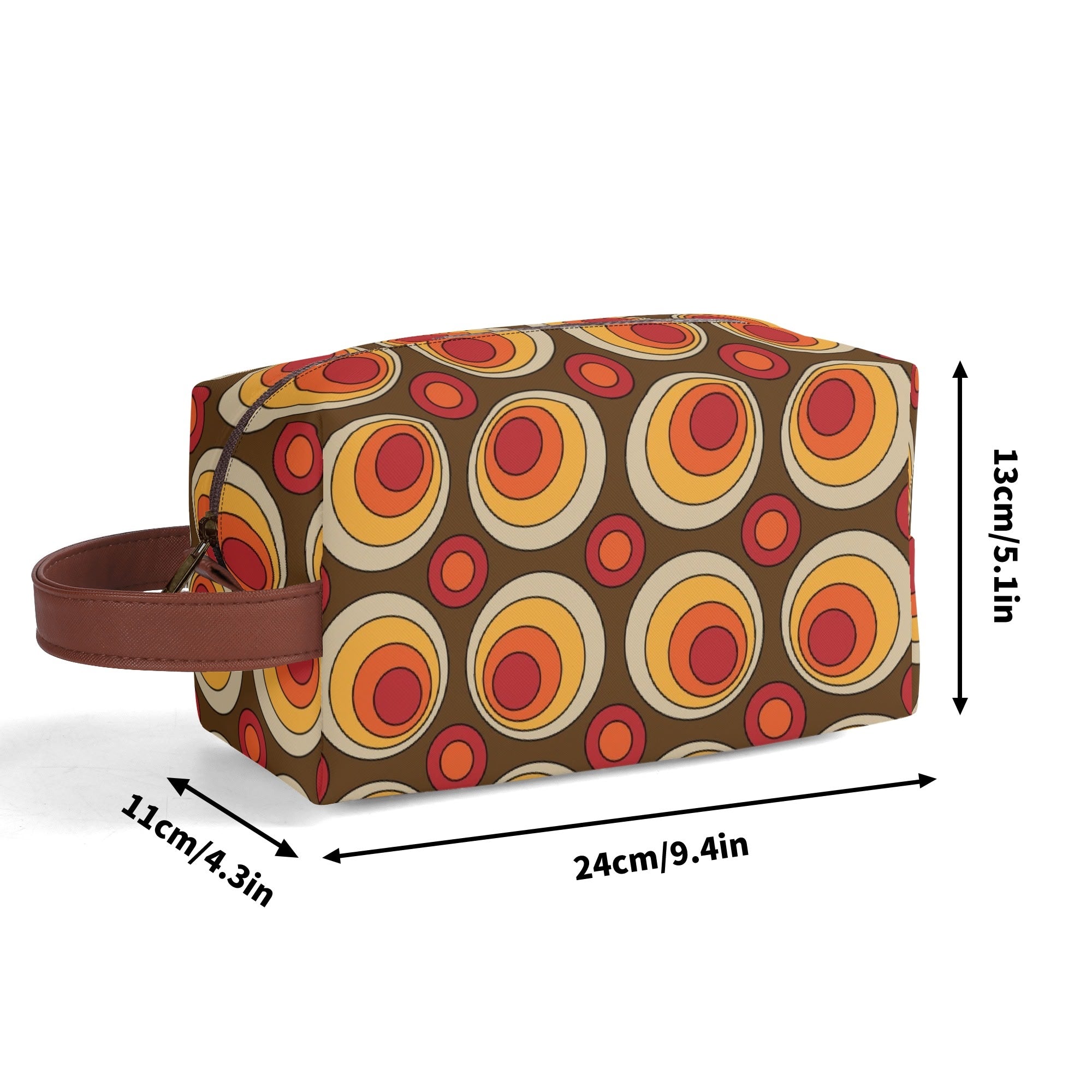 Retro Groovy Brown Orange Space Orbs, Mid Mod Travel Bag Makeup Cosmetics Organizer - Mid Century Modern Gal