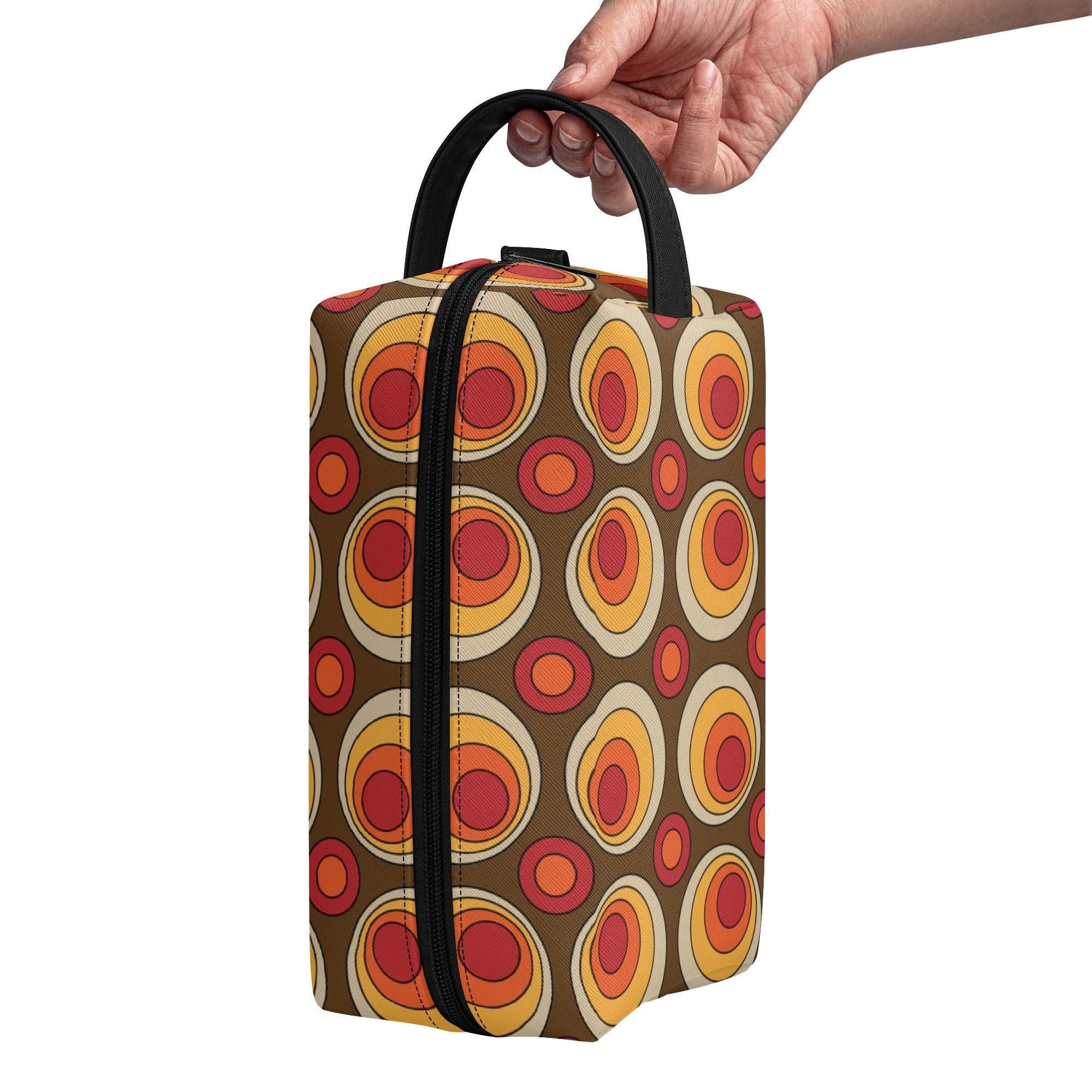 Retro Groovy Brown Orange Space Orbs, Mid Mod Travel Bag Makeup Cosmetics Organizer - Mid Century Modern Gal