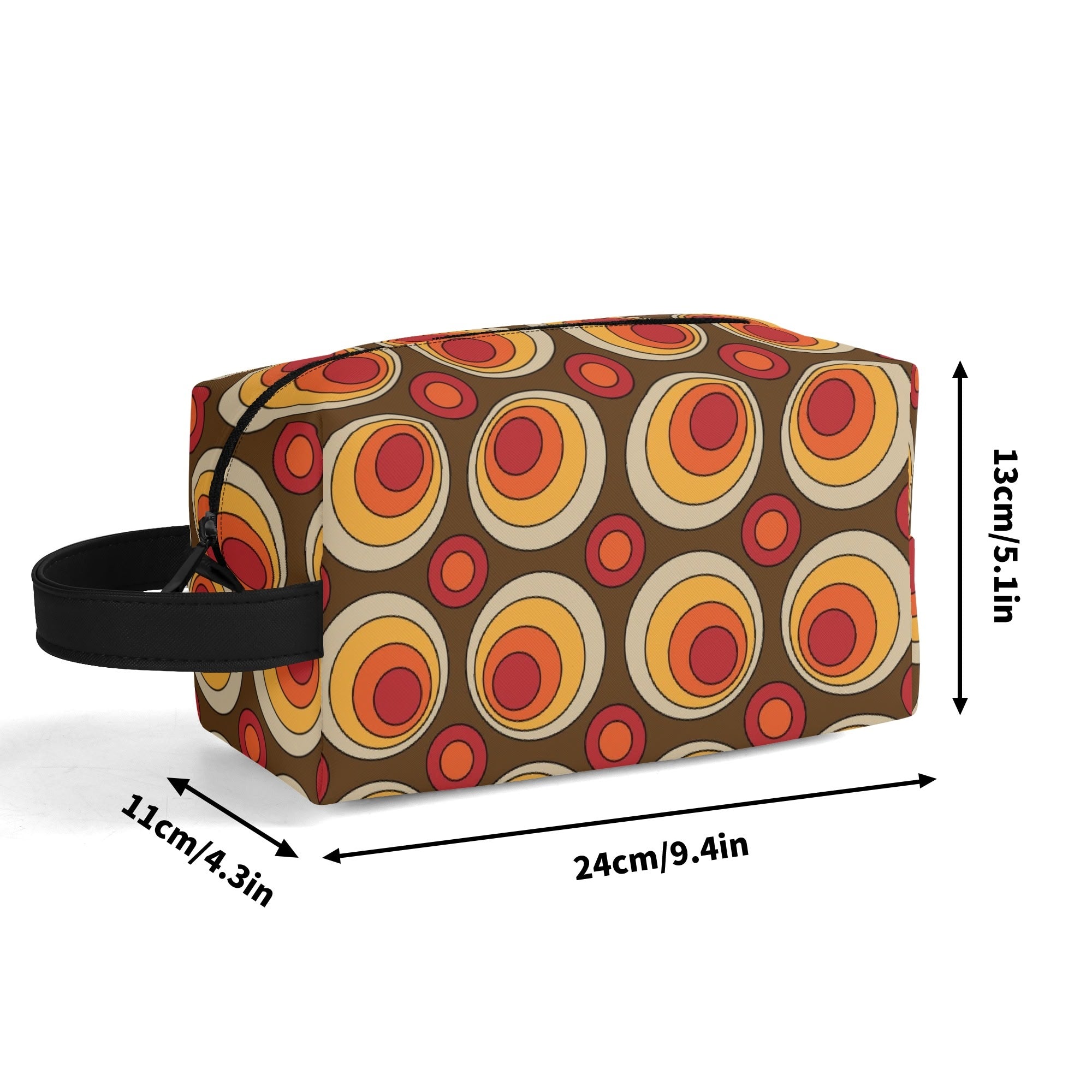 Retro Groovy Brown Orange Space Orbs, Mid Mod Travel Bag Makeup Cosmetics Organizer - Mid Century Modern Gal