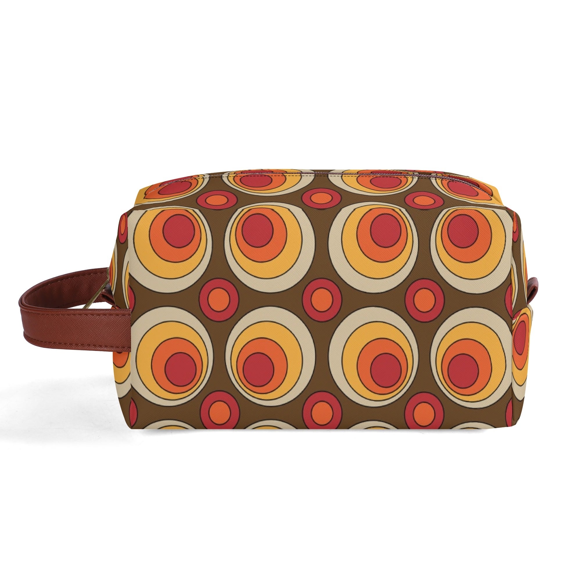 Retro Groovy Brown Orange Space Orbs, Mid Mod Travel Bag Makeup Cosmetics Organizer - Mid Century Modern Gal