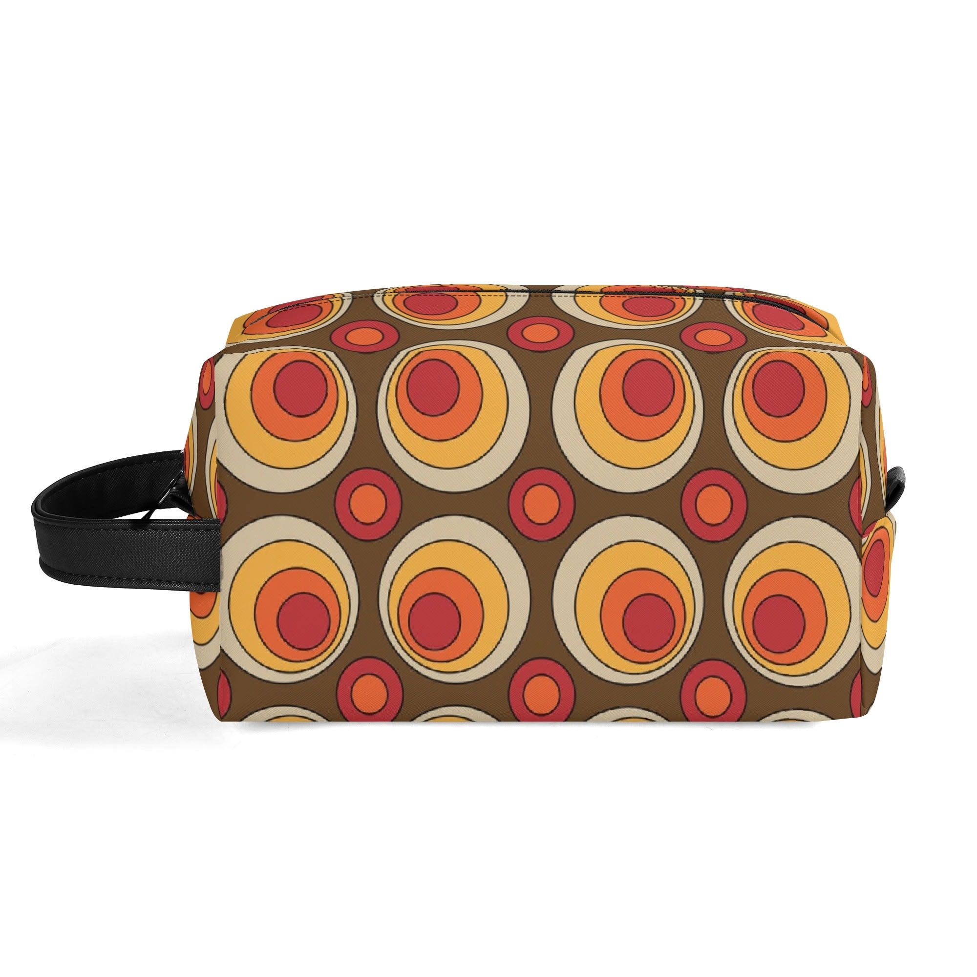 Retro Groovy Brown Orange Space Orbs, Mid Mod Travel Bag Makeup Cosmetics Organizer - Mid Century Modern Gal
