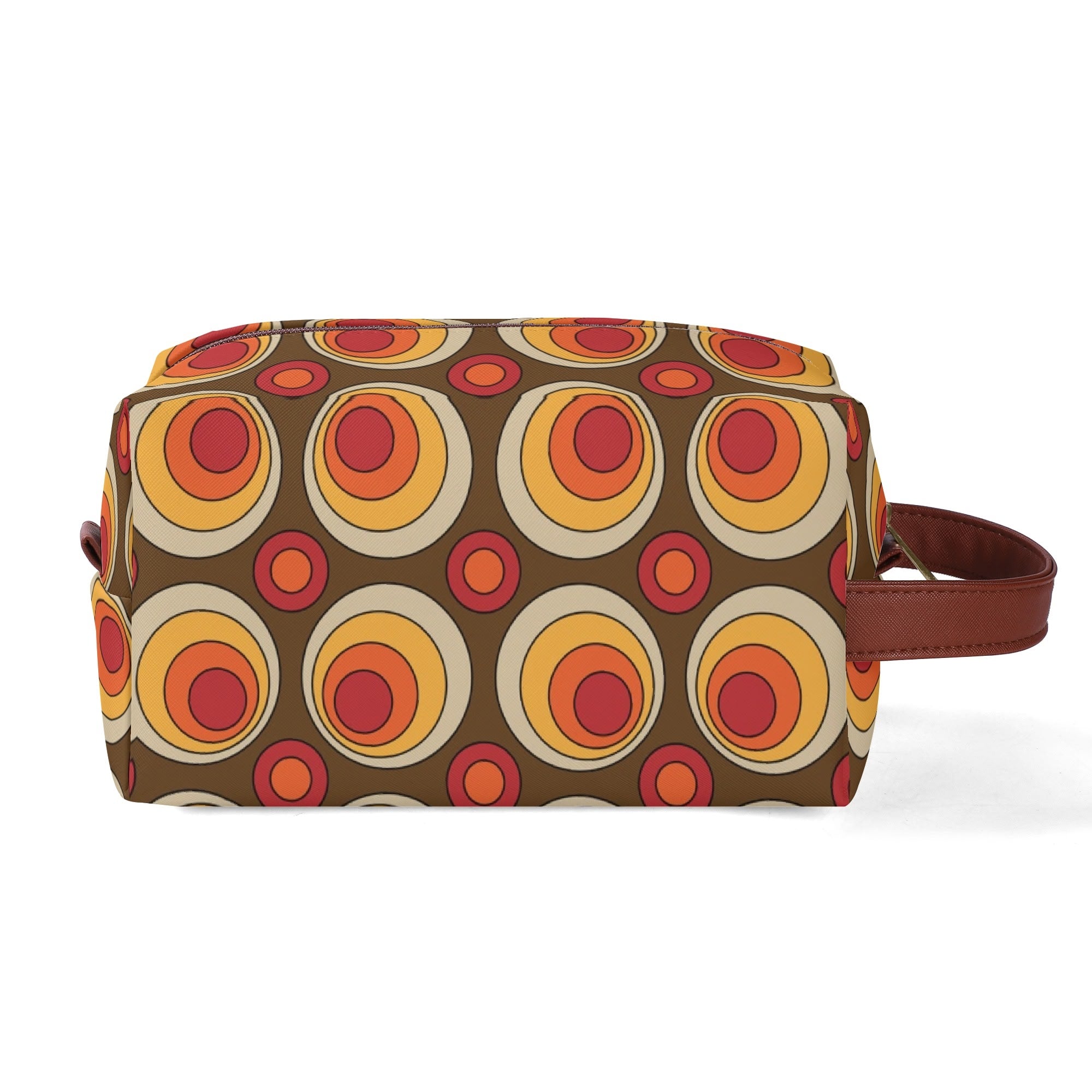 Retro Groovy Brown Orange Space Orbs, Mid Mod Travel Bag Makeup Cosmetics Organizer - Mid Century Modern Gal