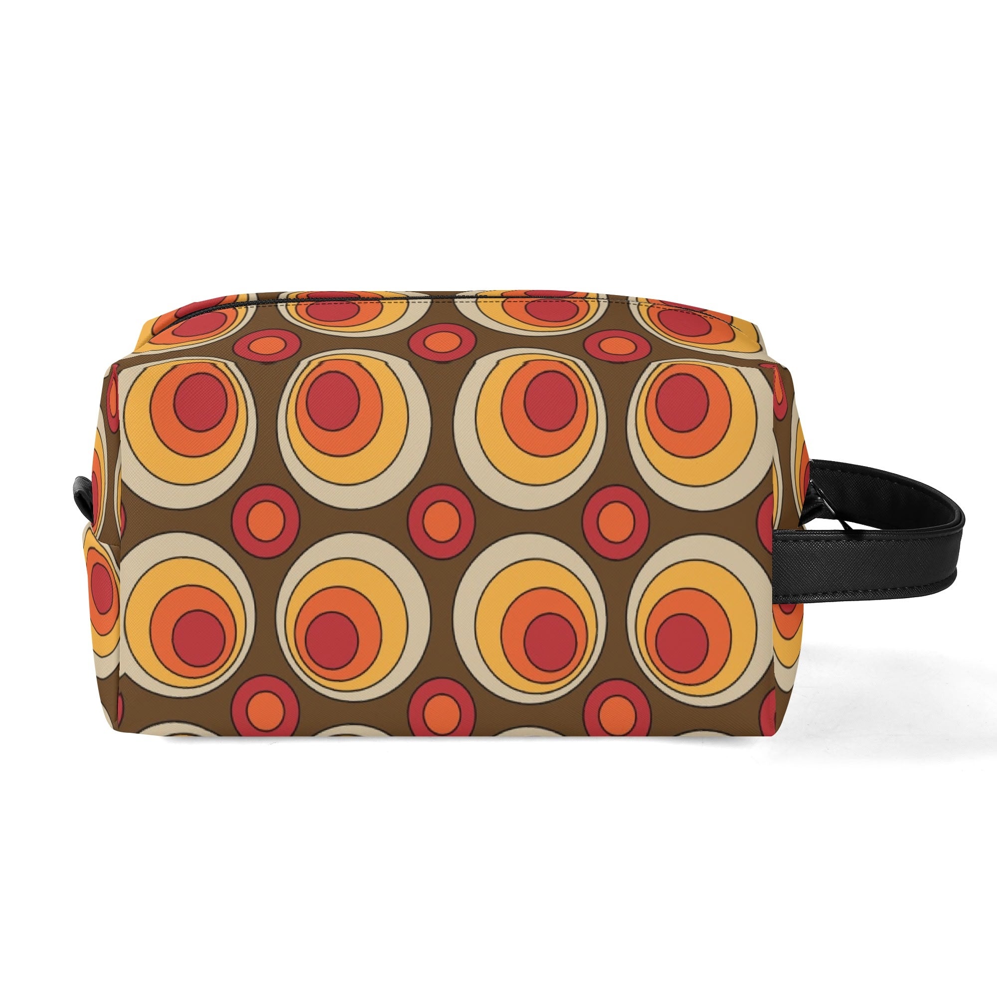 Retro Groovy Brown Orange Space Orbs, Mid Mod Travel Bag Makeup Cosmetics Organizer - Mid Century Modern Gal