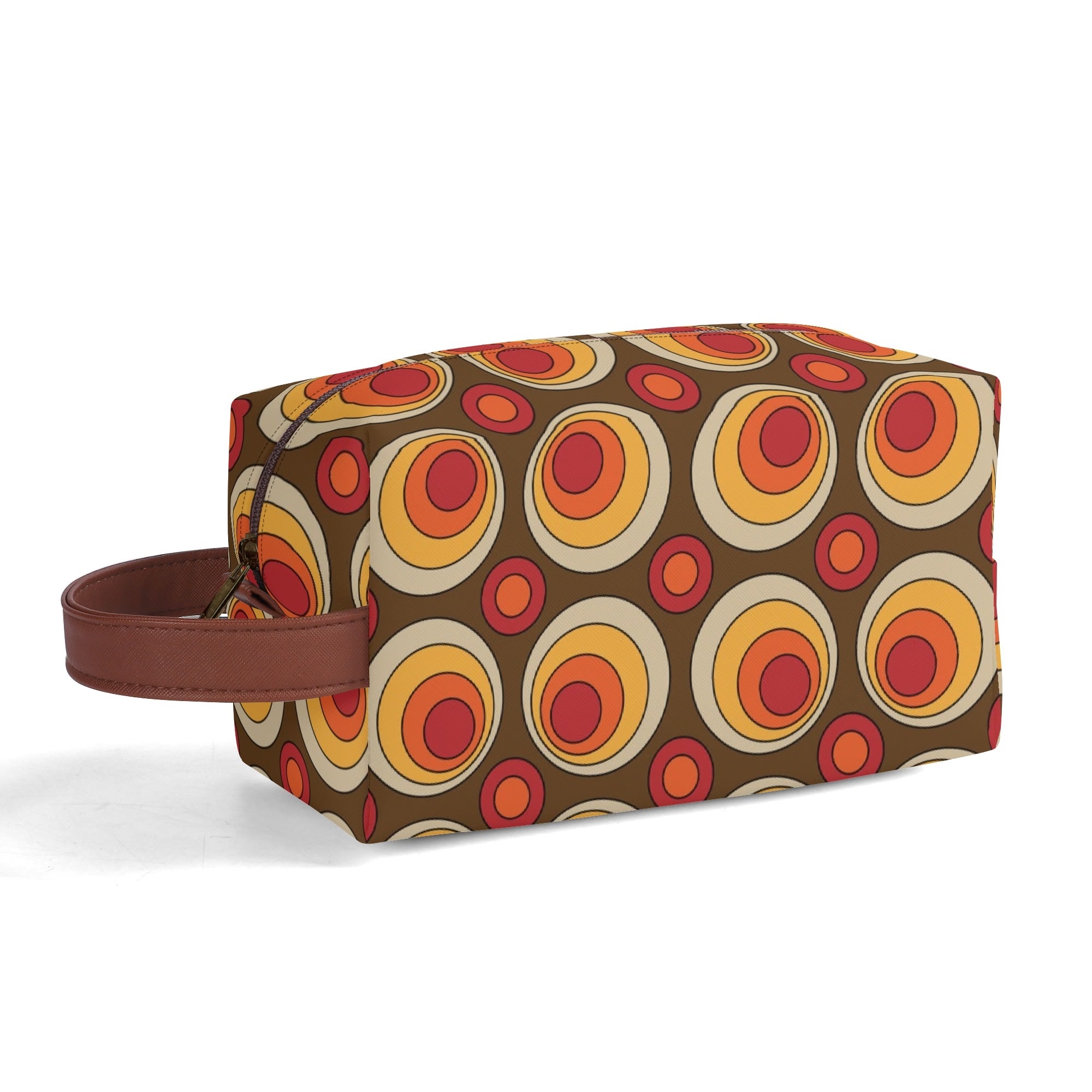 Retro Groovy Brown Orange Space Orbs, Mid Mod Travel Bag Makeup Cosmetics Organizer - Mid Century Modern Gal