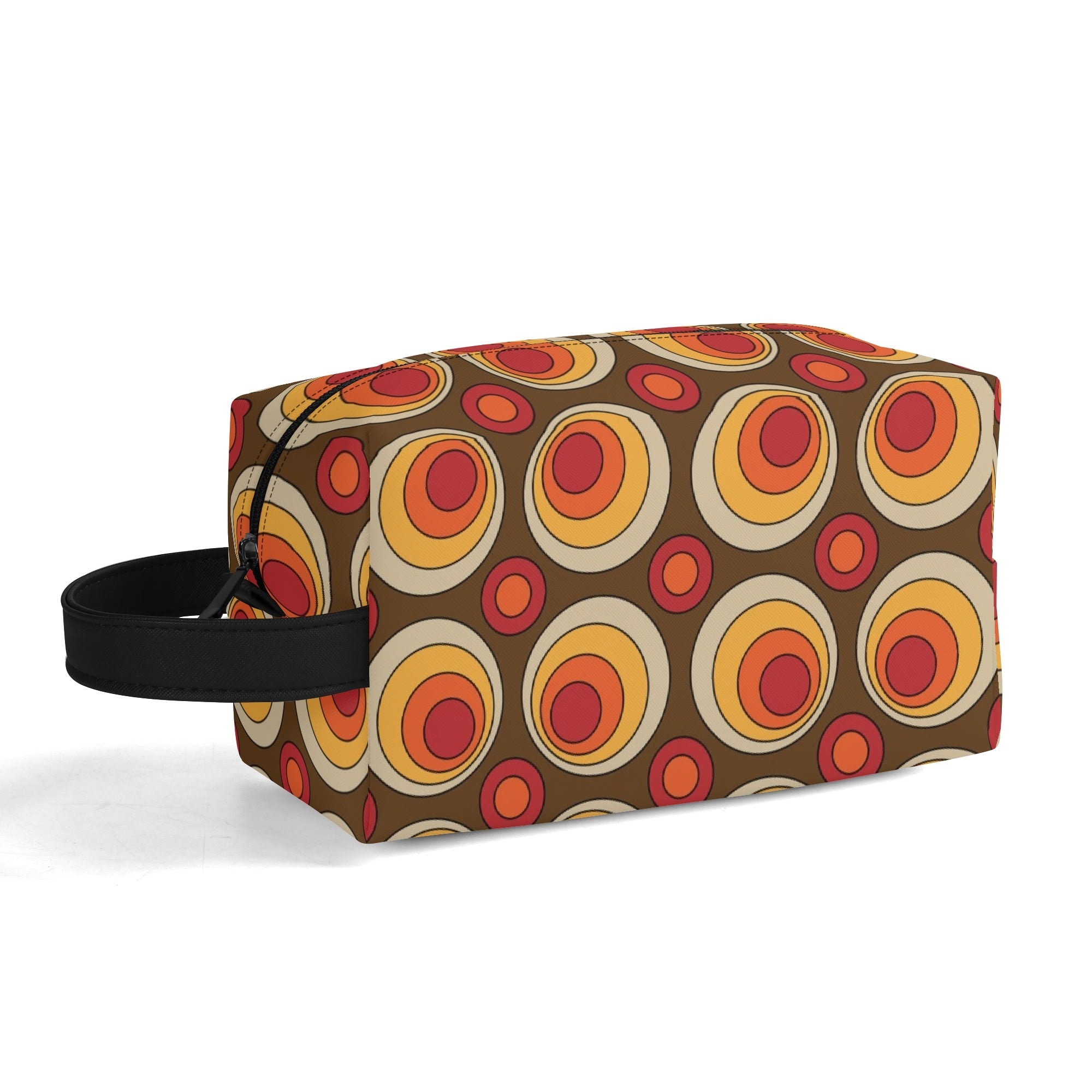 Retro Groovy Brown Orange Space Orbs, Mid Mod Travel Bag Makeup Cosmetics Organizer - Mid Century Modern Gal