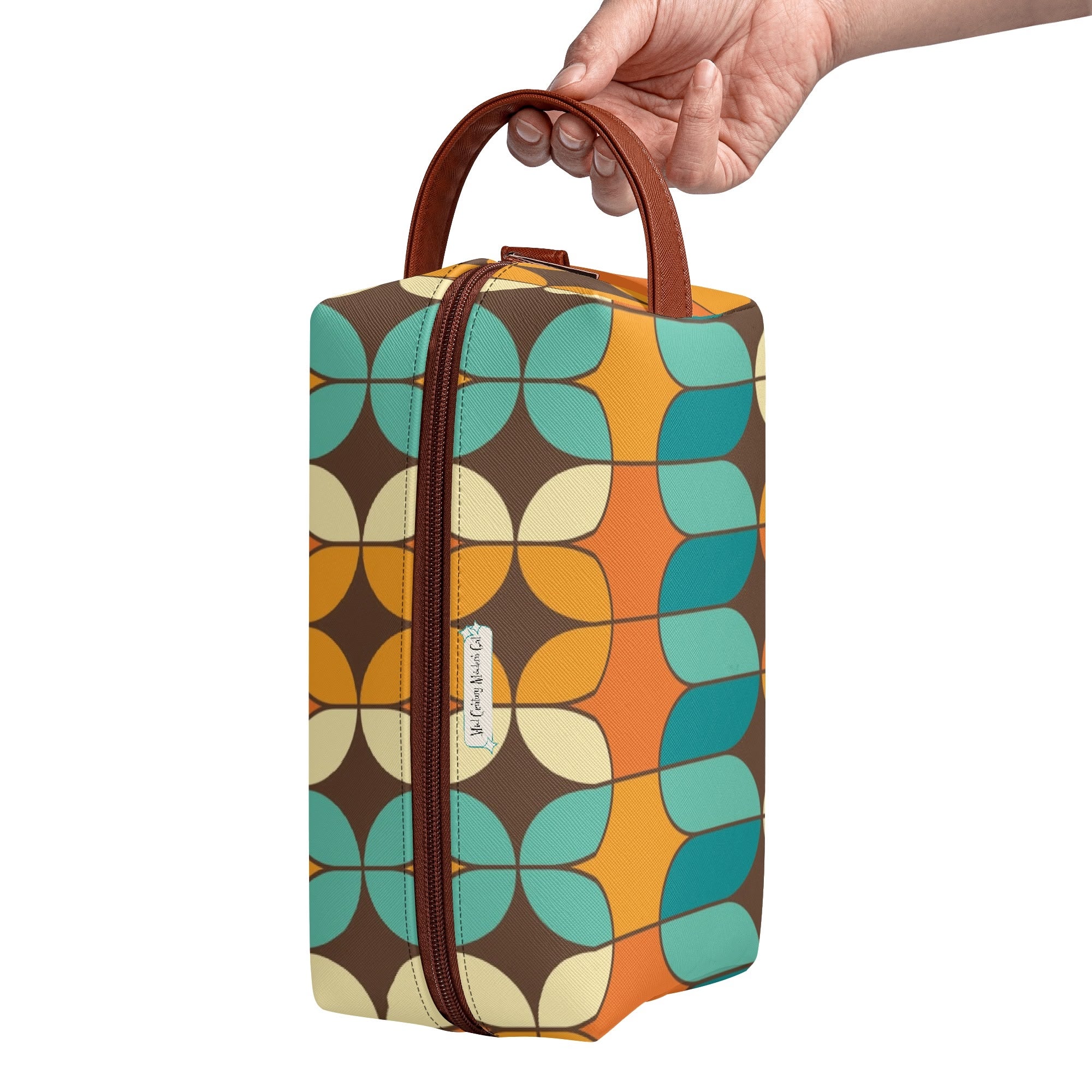 Atomic Kitschy Cats, Retro Orange, Teal Geometric Travel Bag Makeup Cosmetics Organizer - Mid Century Modern Gal