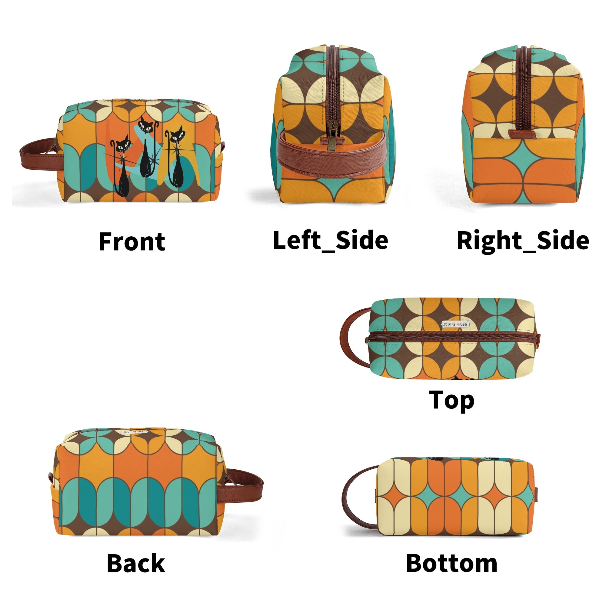 Atomic Kitschy Cats, Retro Orange, Teal Geometric Travel Bag Makeup Cosmetics Organizer - Mid Century Modern Gal