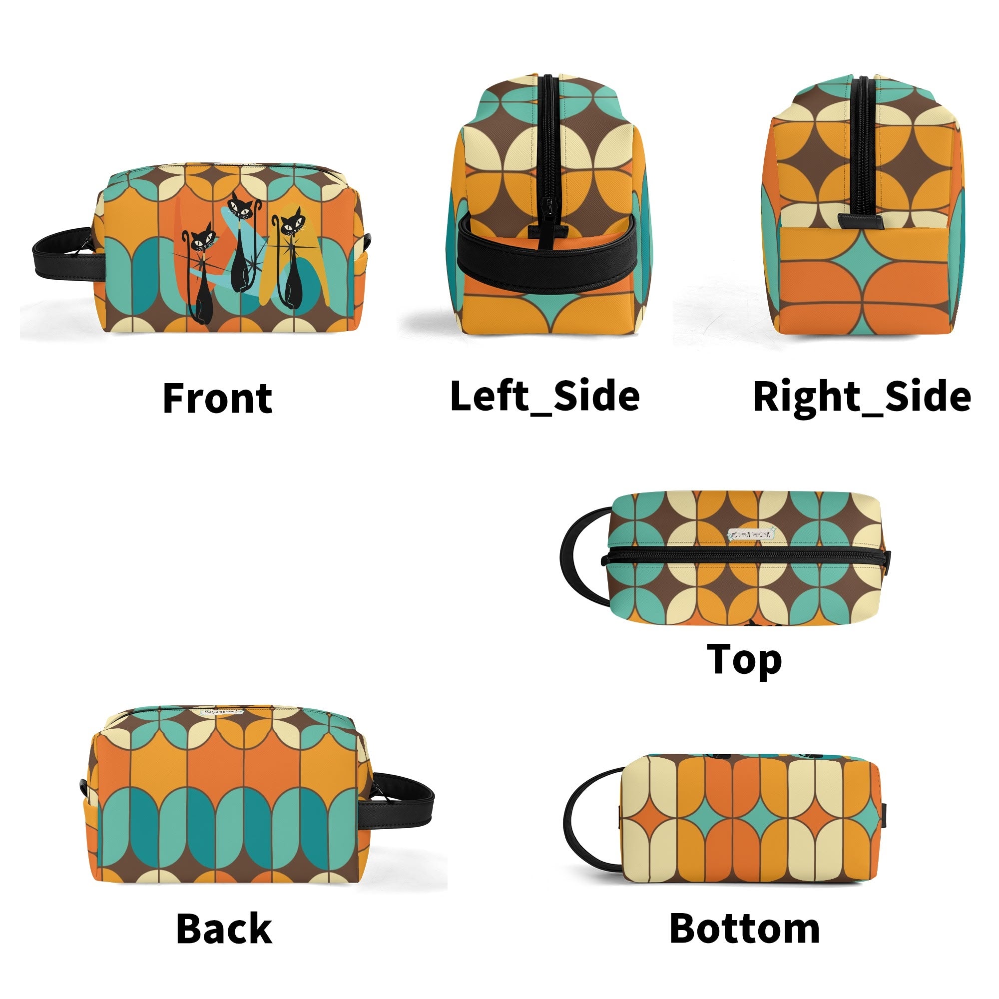 Atomic Kitschy Cats, Retro Orange, Teal Geometric Travel Bag Makeup Cosmetics Organizer - Mid Century Modern Gal