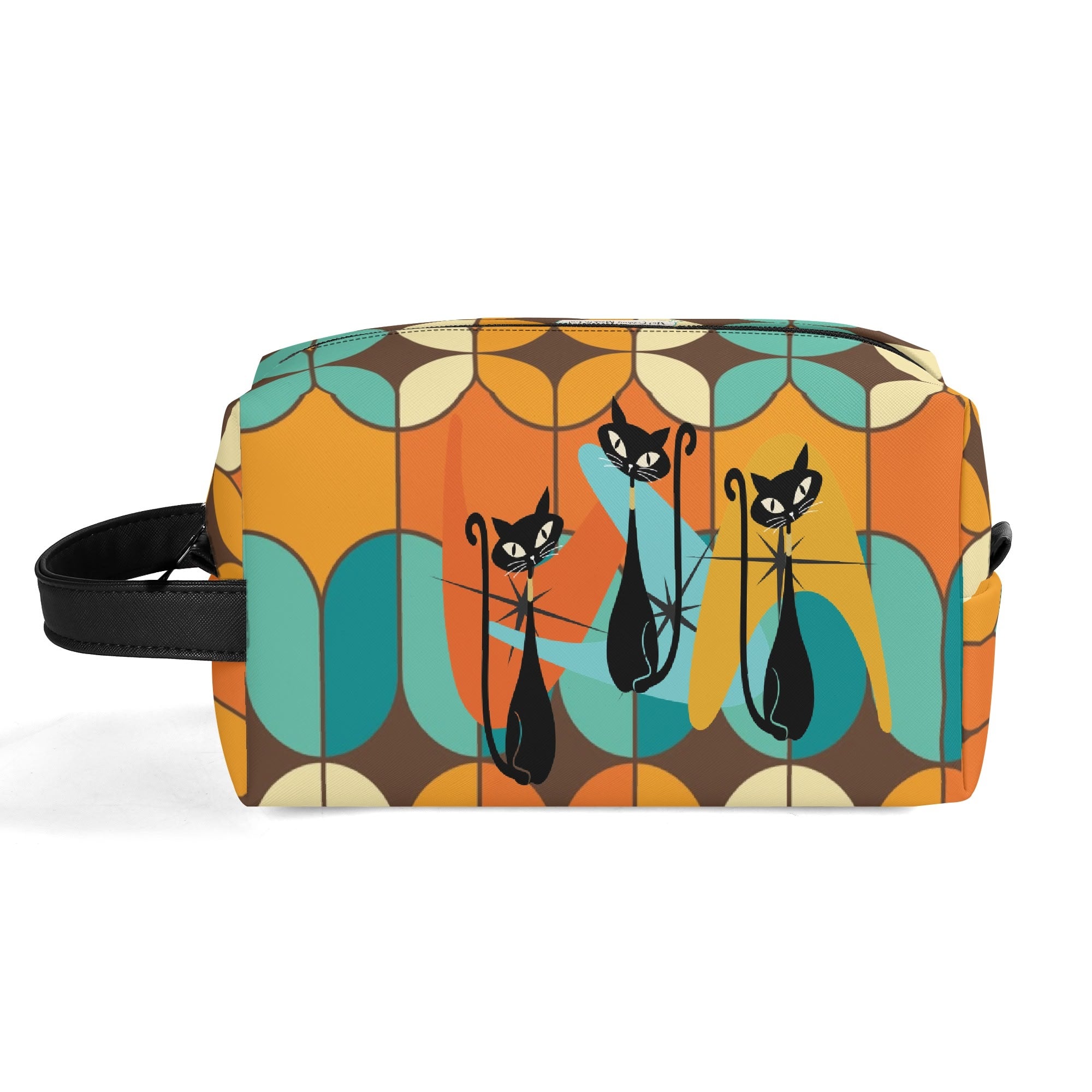 Atomic Kitschy Cats, Retro Orange, Teal Geometric Travel Bag Makeup Cosmetics Organizer - Mid Century Modern Gal