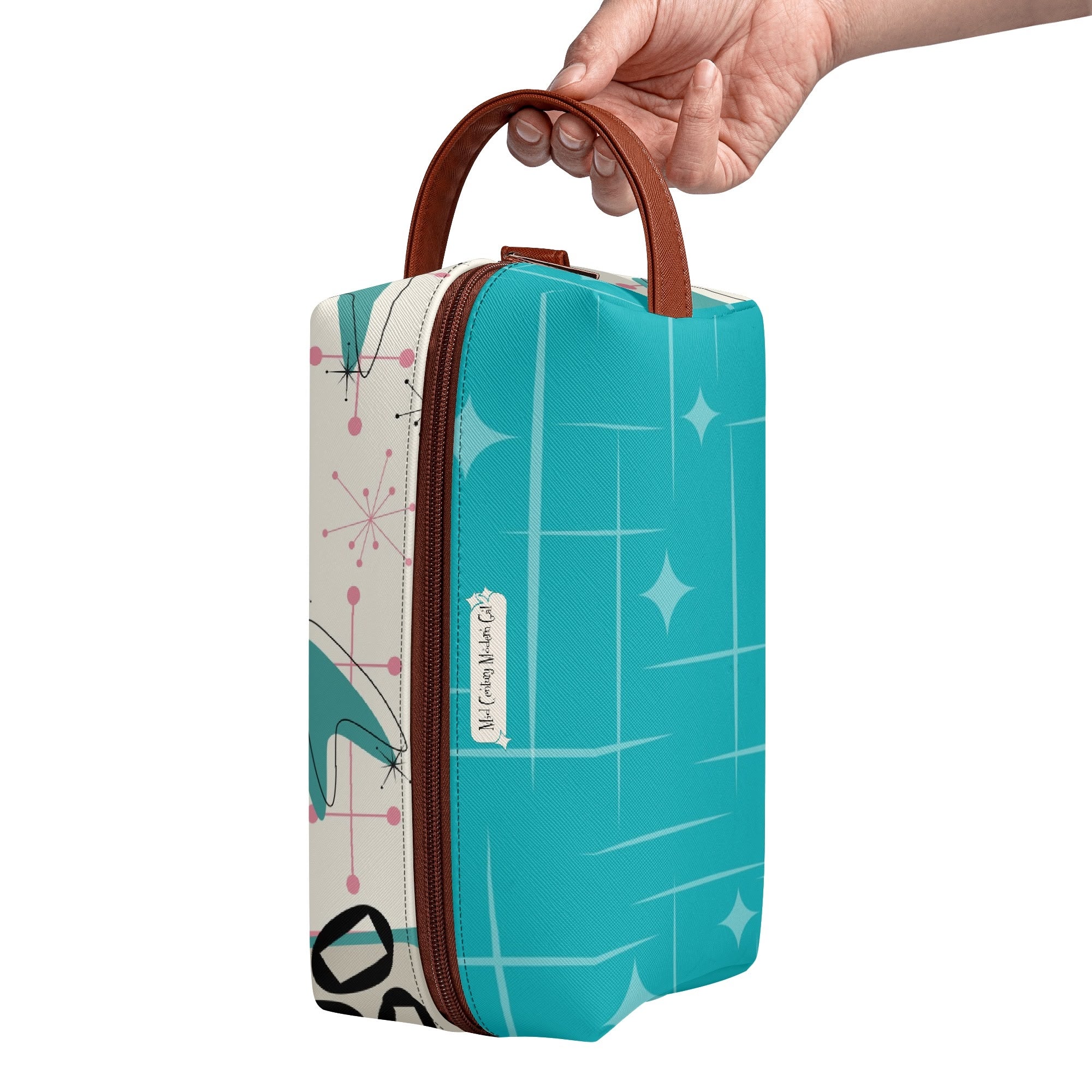 Atomic Cat Boomerang, Pink Aqua Retro Mid Mod Travel Makeup Cosmetics Organizer - Mid Century Modern Gal