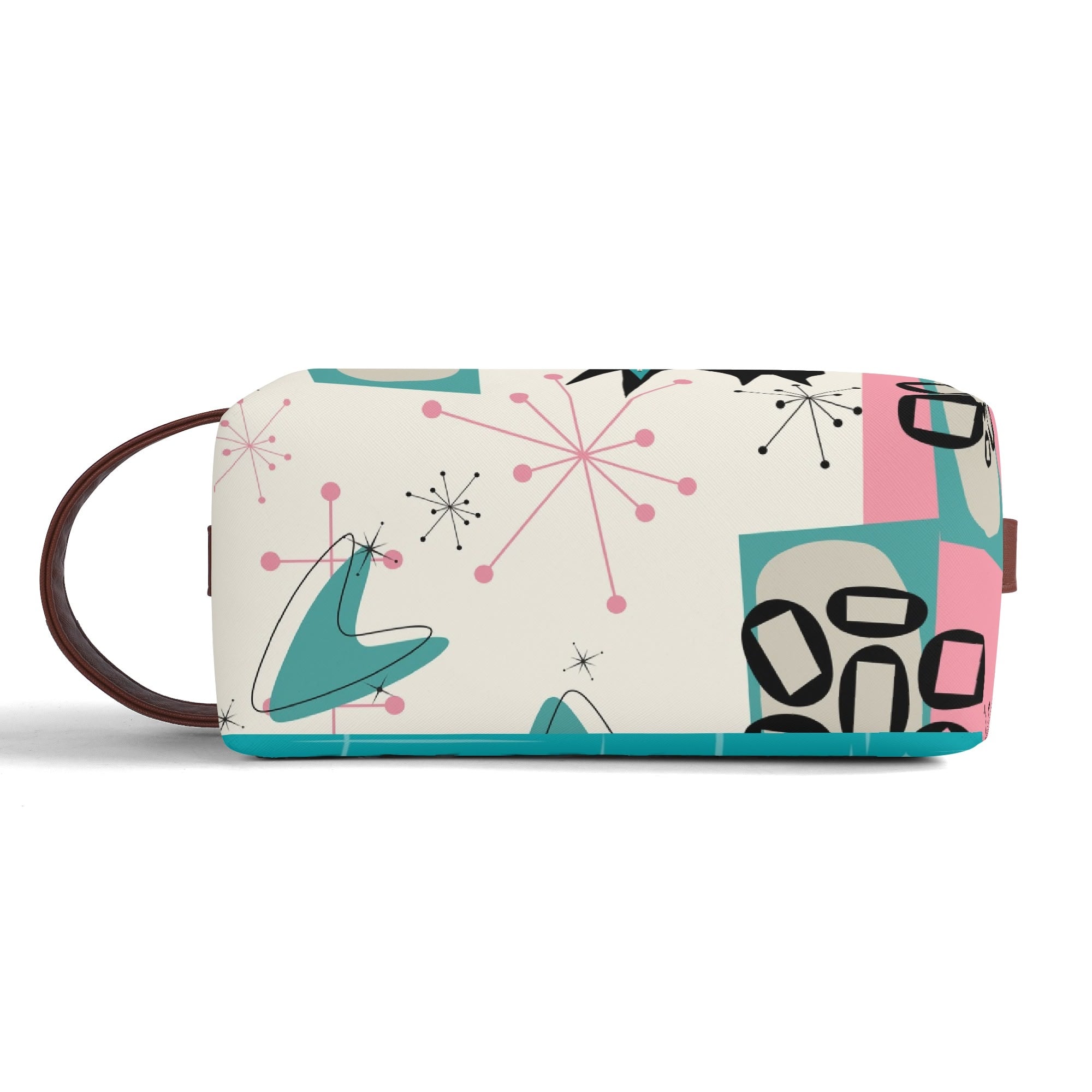 Atomic Cat Boomerang, Pink Aqua Retro Mid Mod Travel Makeup Cosmetics Organizer - Mid Century Modern Gal