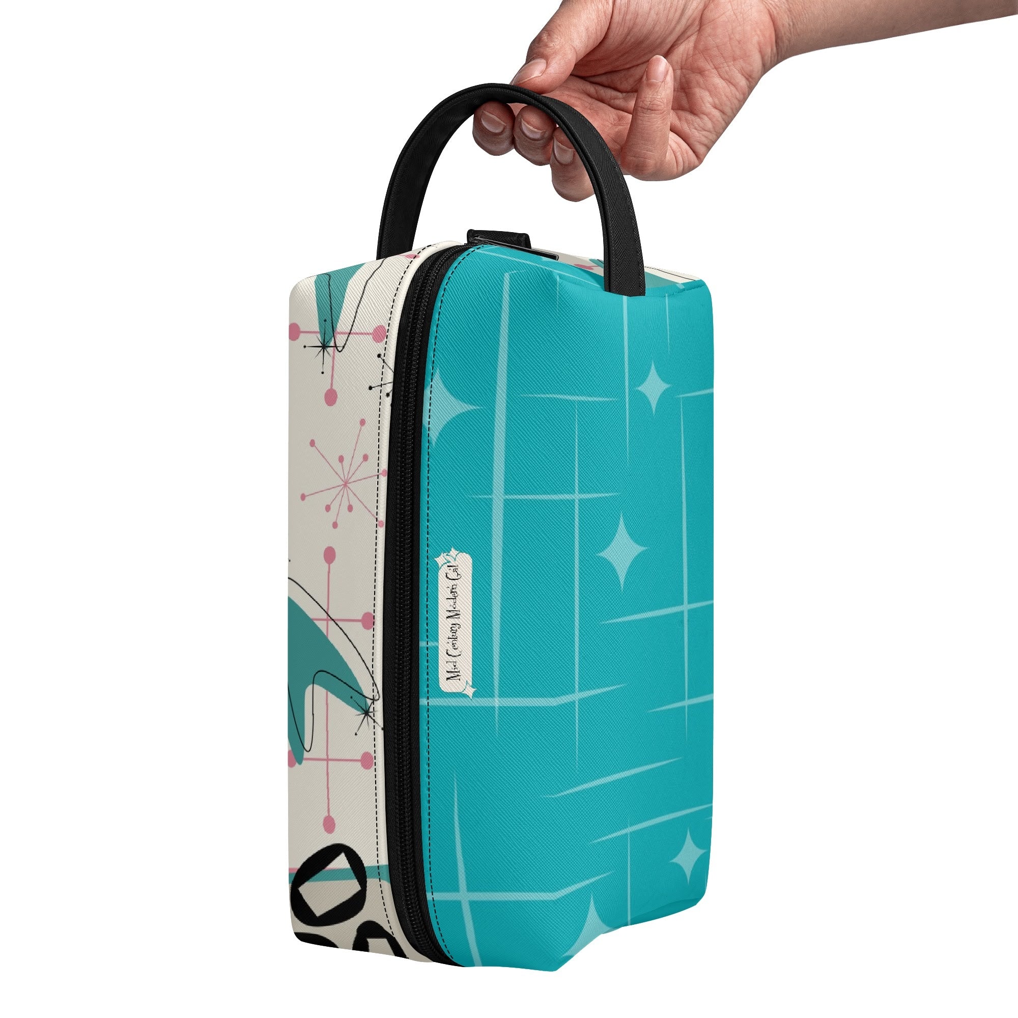 Atomic Cat Boomerang, Pink Aqua Retro Mid Mod Travel Makeup Cosmetics Organizer - Mid Century Modern Gal