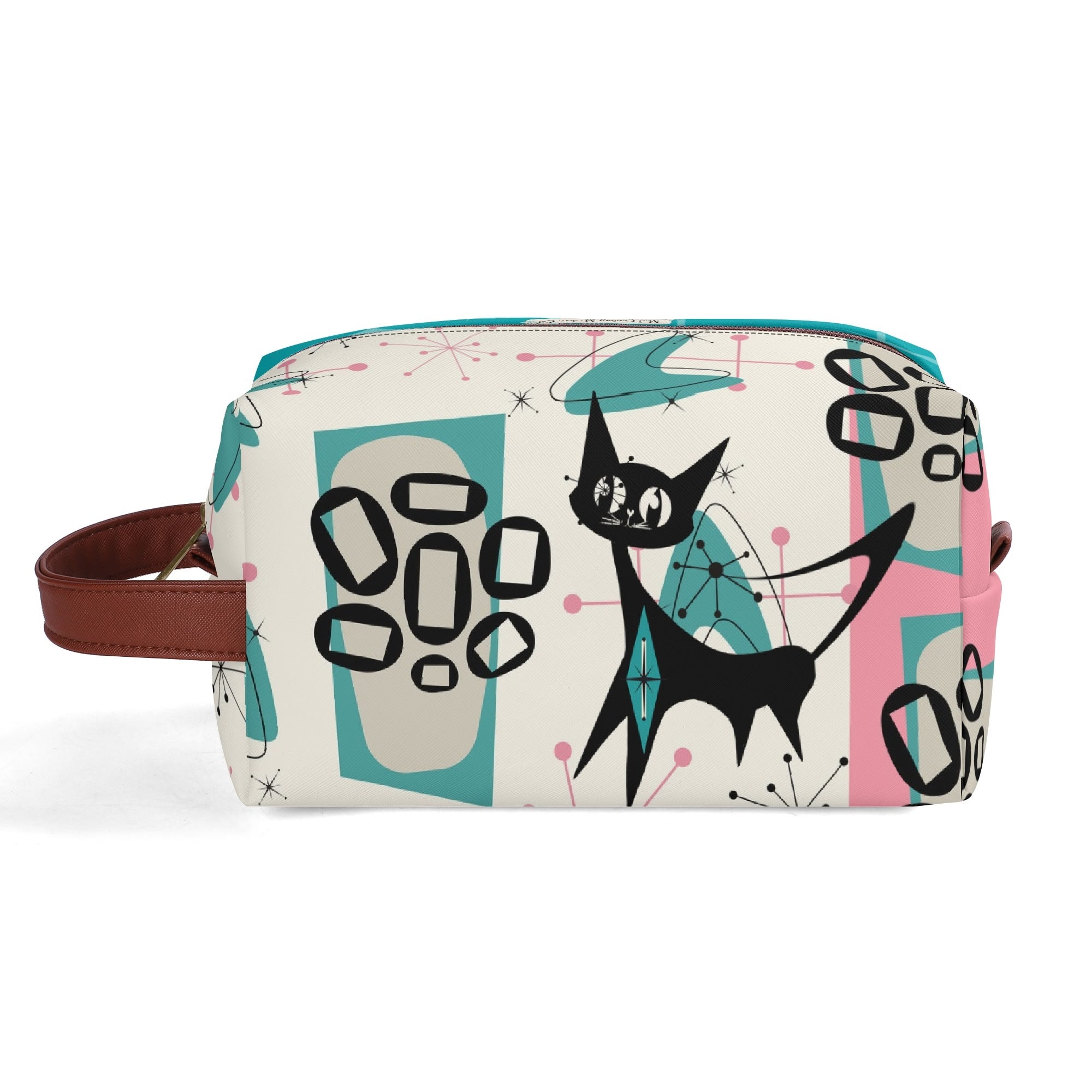 Atomic Cat Boomerang, Pink Aqua Retro Mid Mod Travel Makeup Cosmetics Organizer - Mid Century Modern Gal