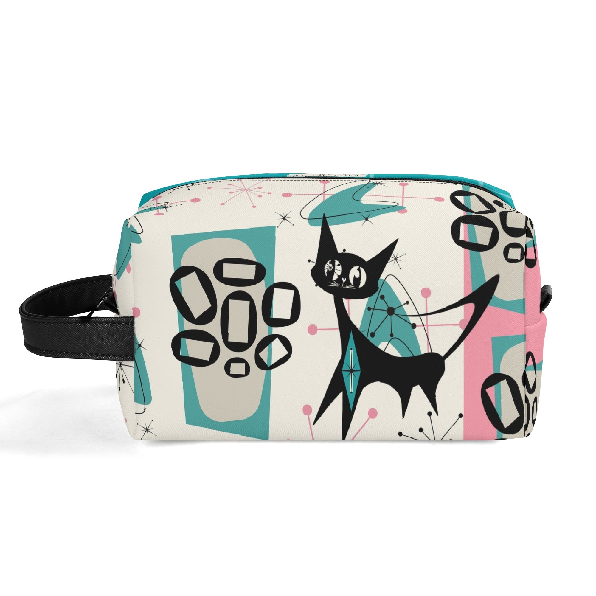 Atomic Cat Boomerang, Pink Aqua Retro Mid Mod Travel Makeup Cosmetics Organizer - Mid Century Modern Gal