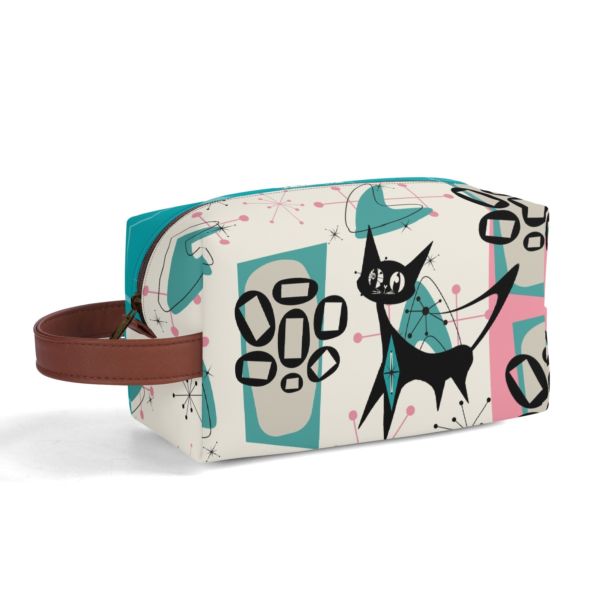Atomic Cat Boomerang, Pink Aqua Retro Mid Mod Travel Makeup Cosmetics Organizer - Mid Century Modern Gal