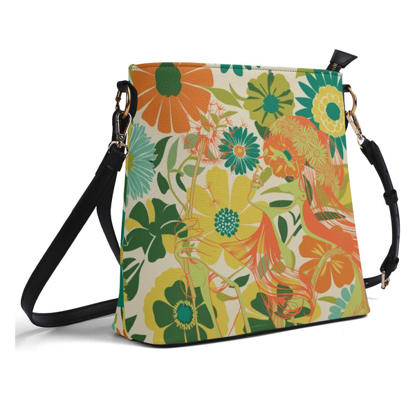 Hippie 70s Gal Flower Power Retro Groovy Mod Orange, Yellow Teal Green Bucket Bag