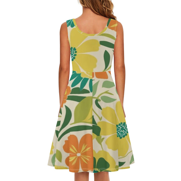 Retro Flower Power, Flower Child Of The 70s Orange, Teal Yellow Womens Tank Dress Midi Wrap Round Neck Sleeveless Sundress