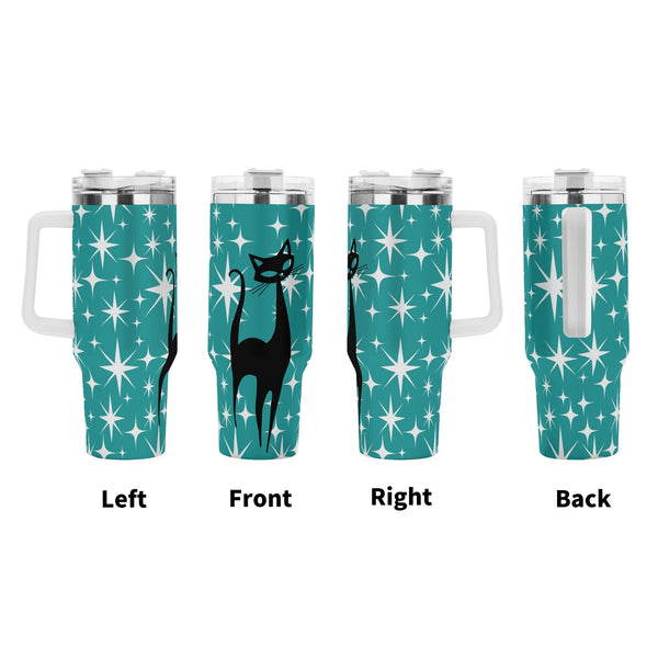 Atomic Cat Aqua Starburst Mid Mod 40oz Stainless Steel Tumbler Gift With White Handle and Straw