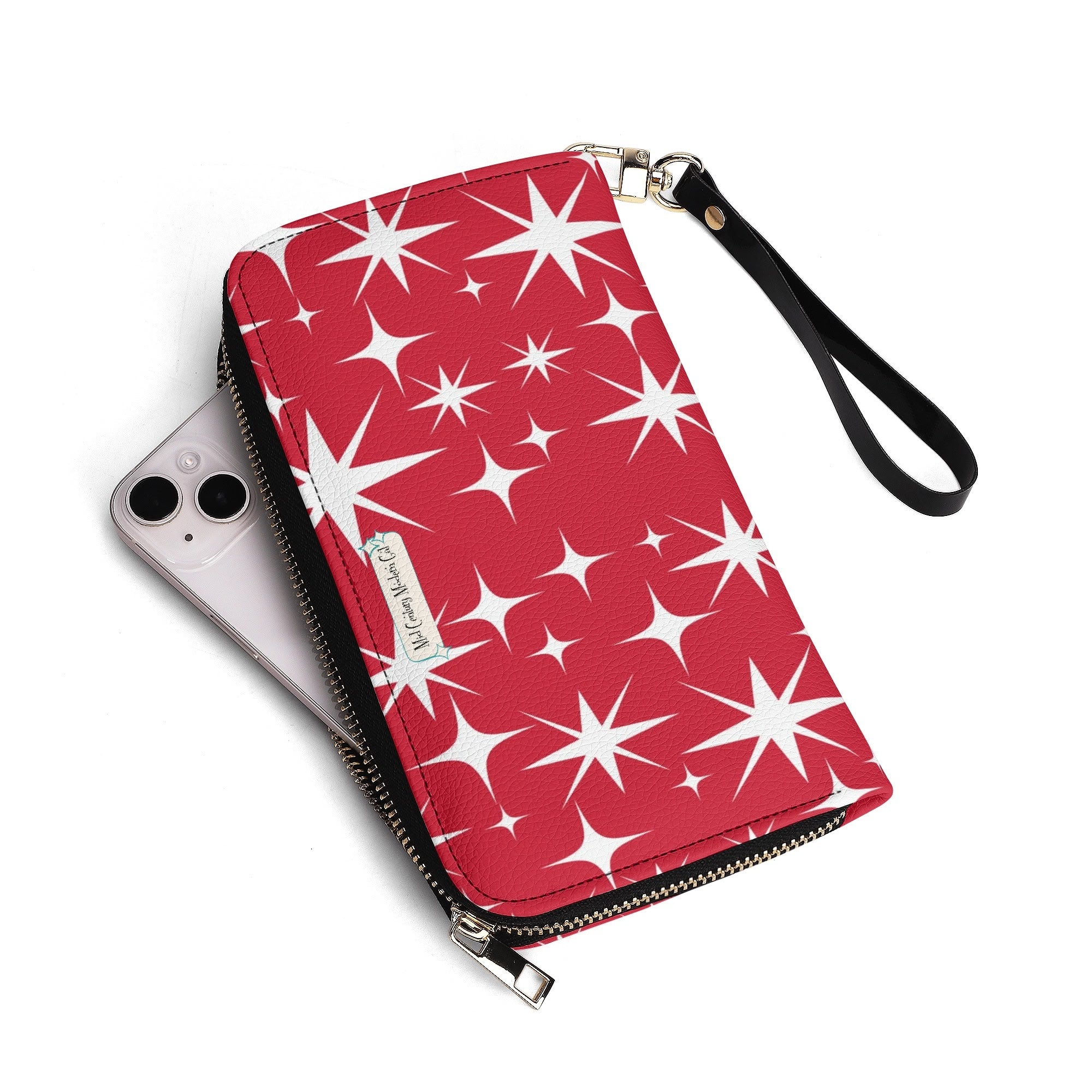 Mid Century Modern Red Atomic Starburst Christmas Kitschy Mod Gal Wristlet - Mid Century Modern Gal