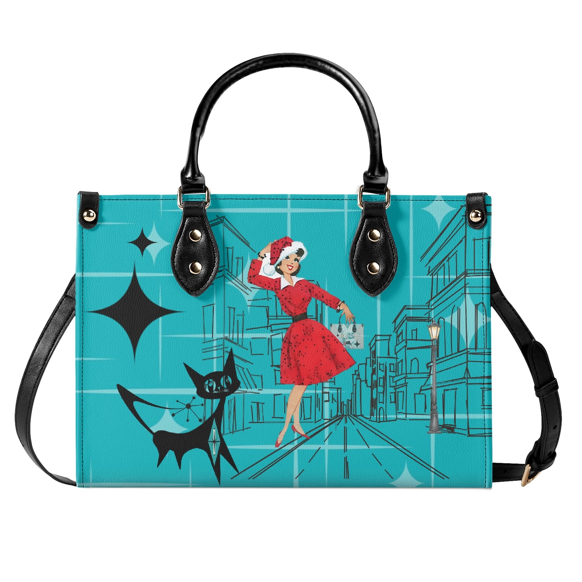 Mid Century Modern Christmas Mod Gal Signature Atomic Cat, Atomic Kitschy Handbag, Shoulder Bag - Mid Century Modern Gal