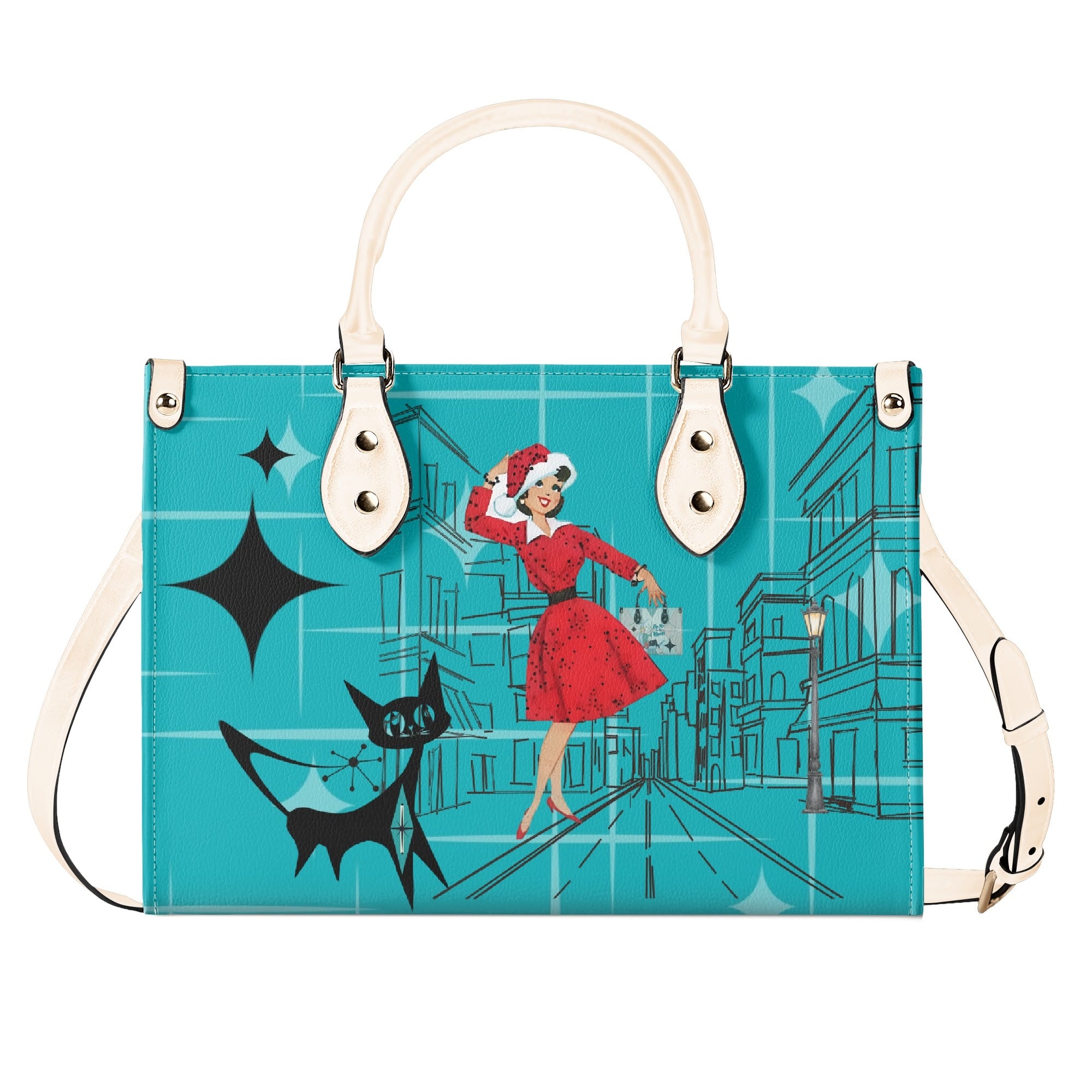 Mid Century Modern Christmas Mod Gal Signature Atomic Cat, Atomic Kitschy Handbag, Shoulder Bag - Mid Century Modern Gal